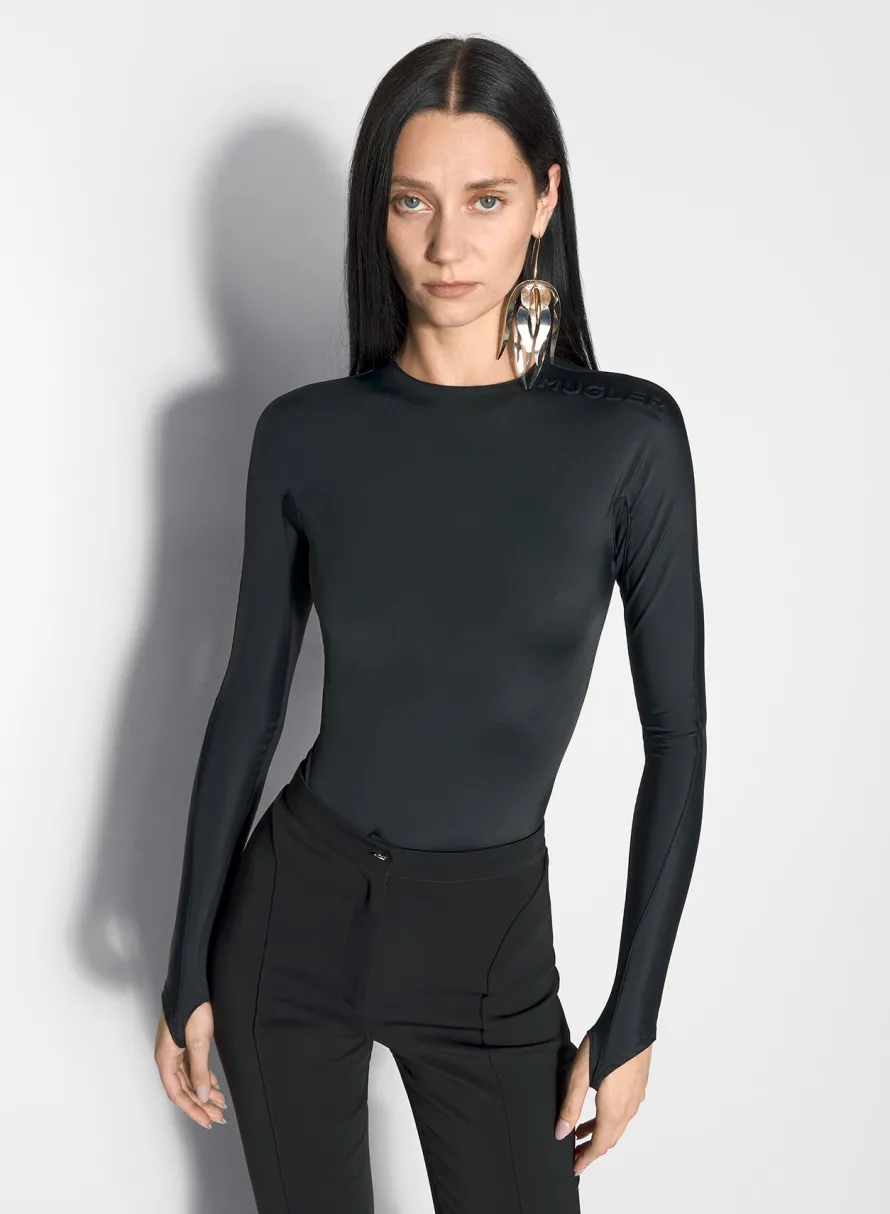 Bodysuits & Leggings|MUGLER black shoulder logo bodysuit