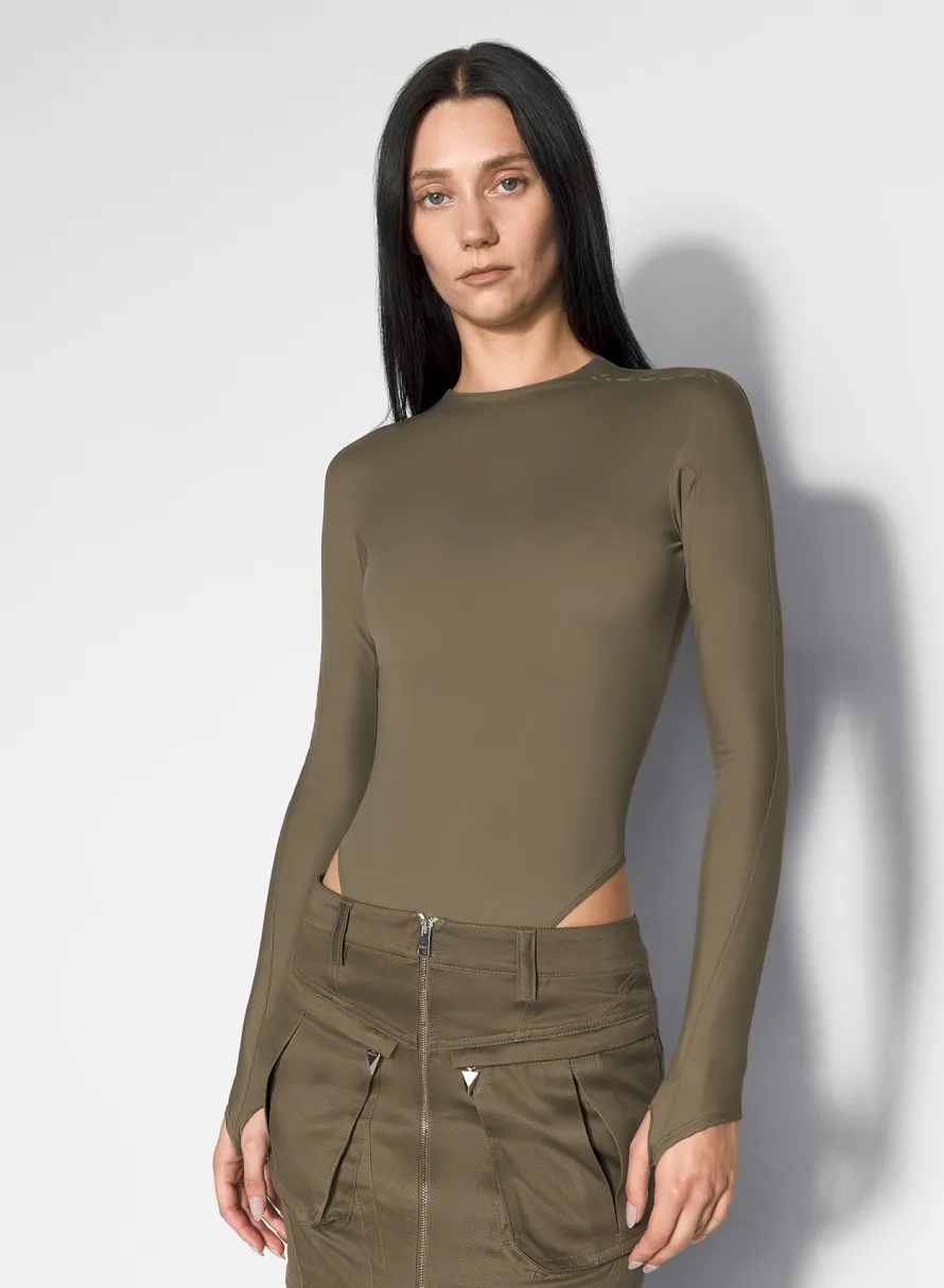 Bodysuits & Leggings|MUGLER khaki shoulder logo bodysuit