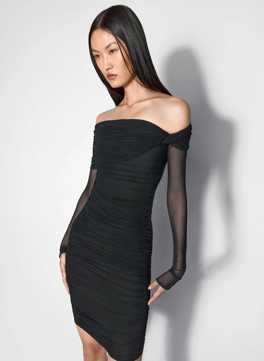 Dresses & Catsuits|MUGLER black off-shoulder ruched dress
