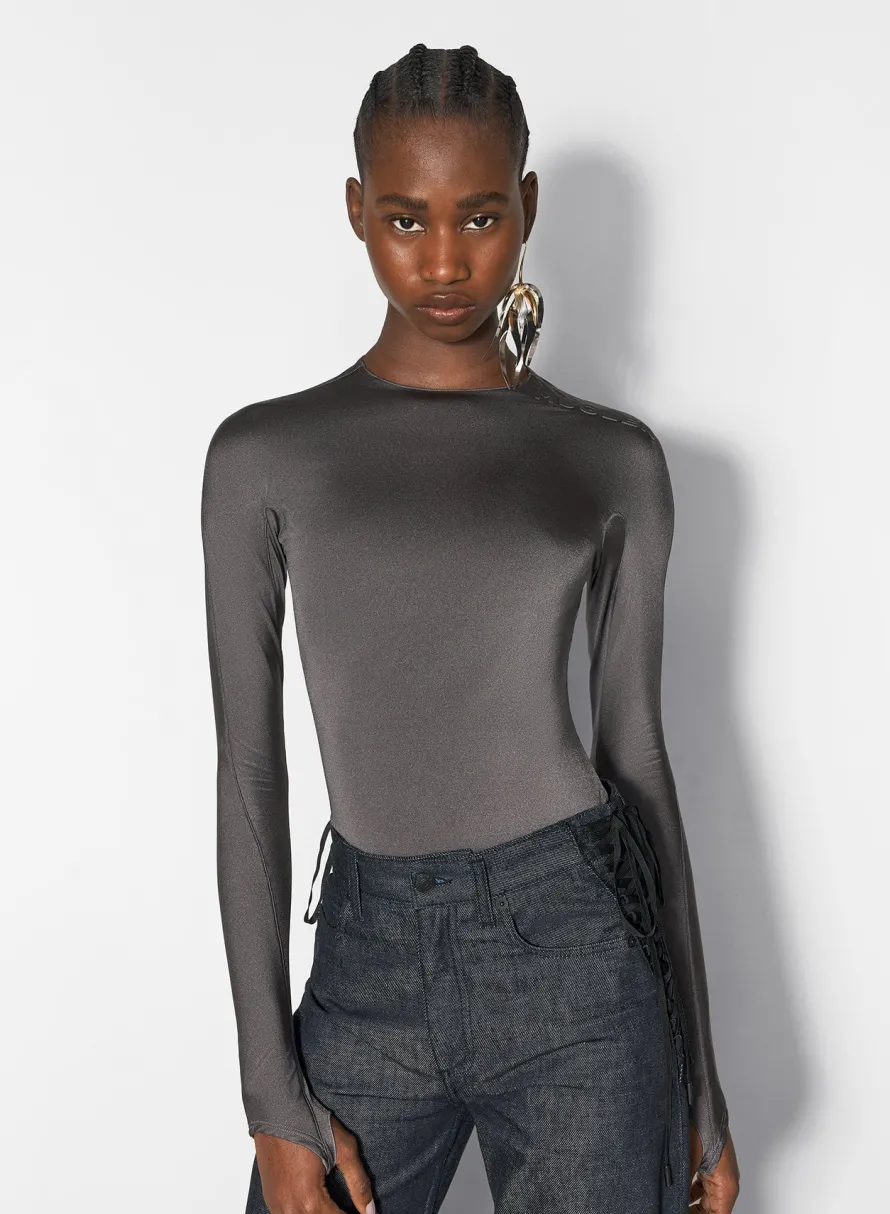 Bodysuits & Leggings|MUGLER grey shoulder logo bodysuit
