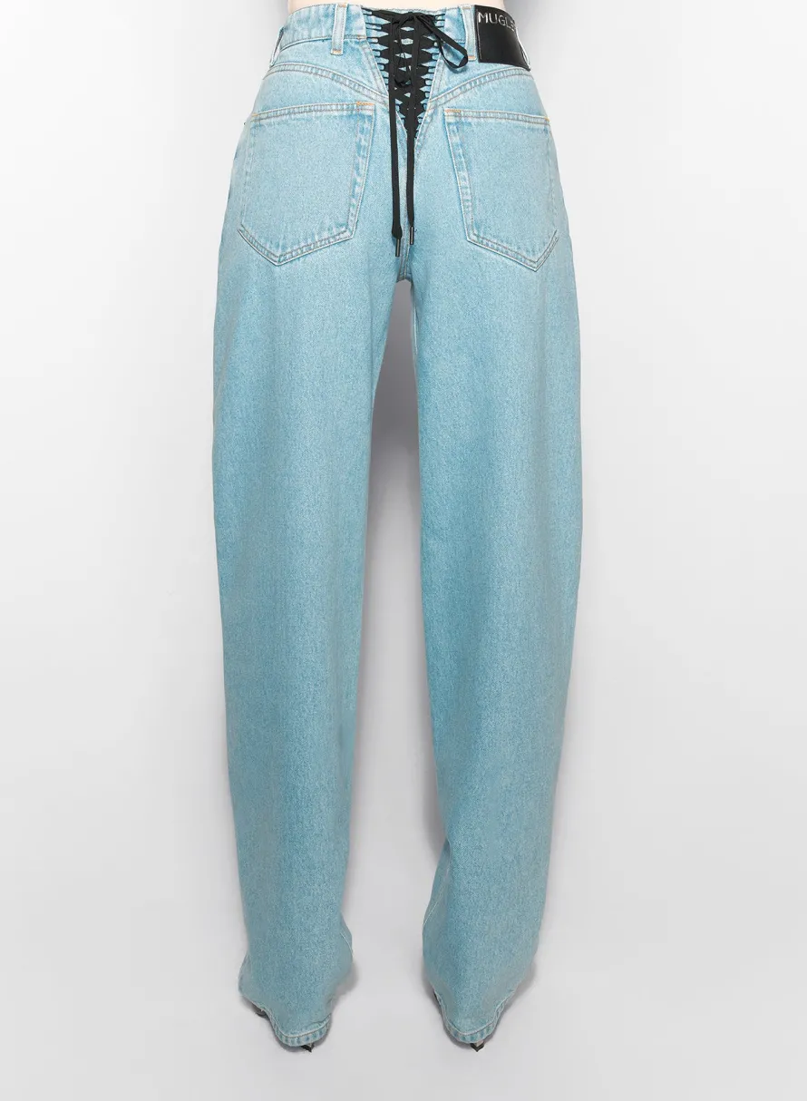 Denim|Trousers|MUGLER blue laced-up wide leg jeans