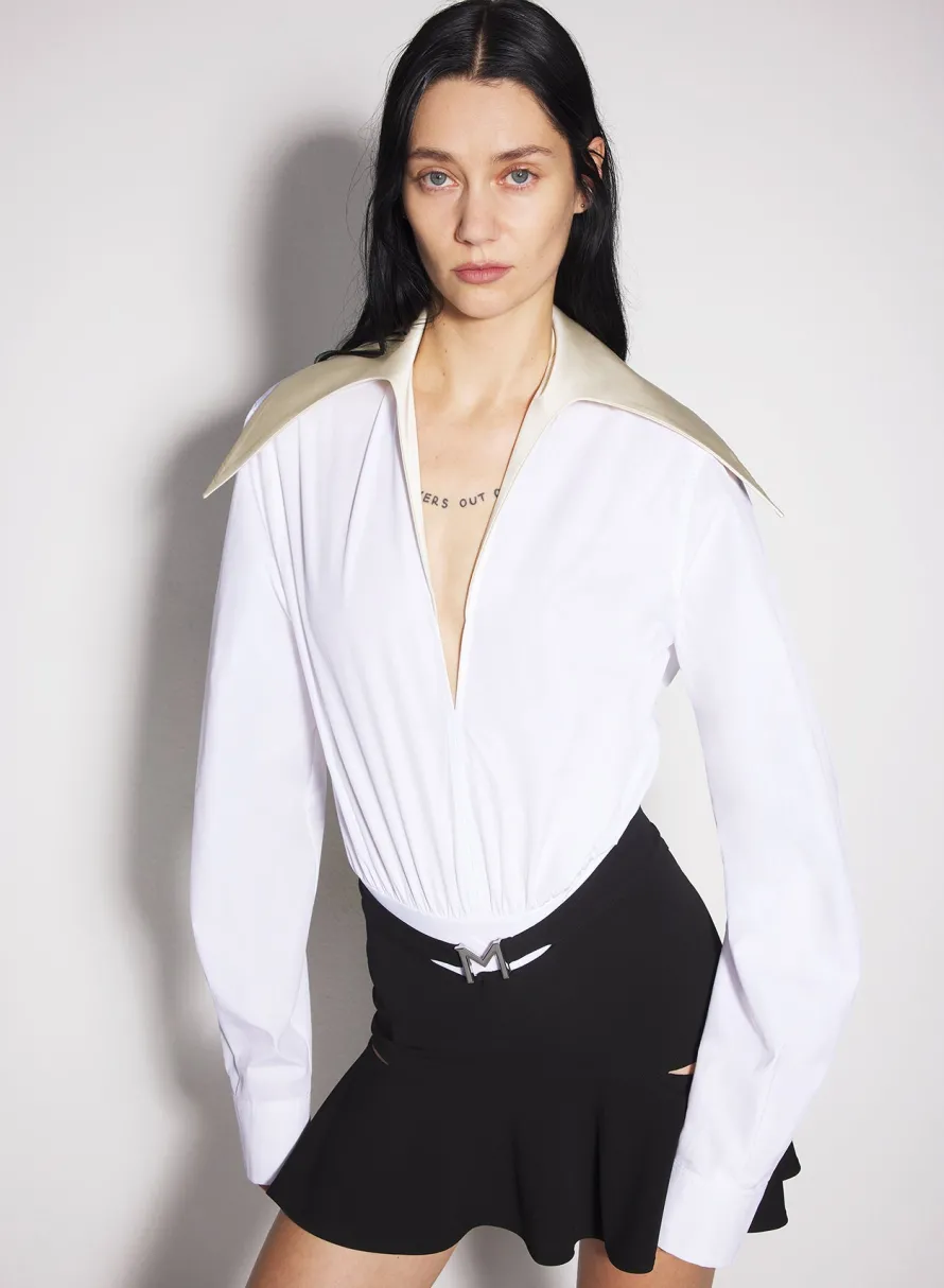 Bodysuits & Leggings|MUGLER white spiky satin collar bodysuit