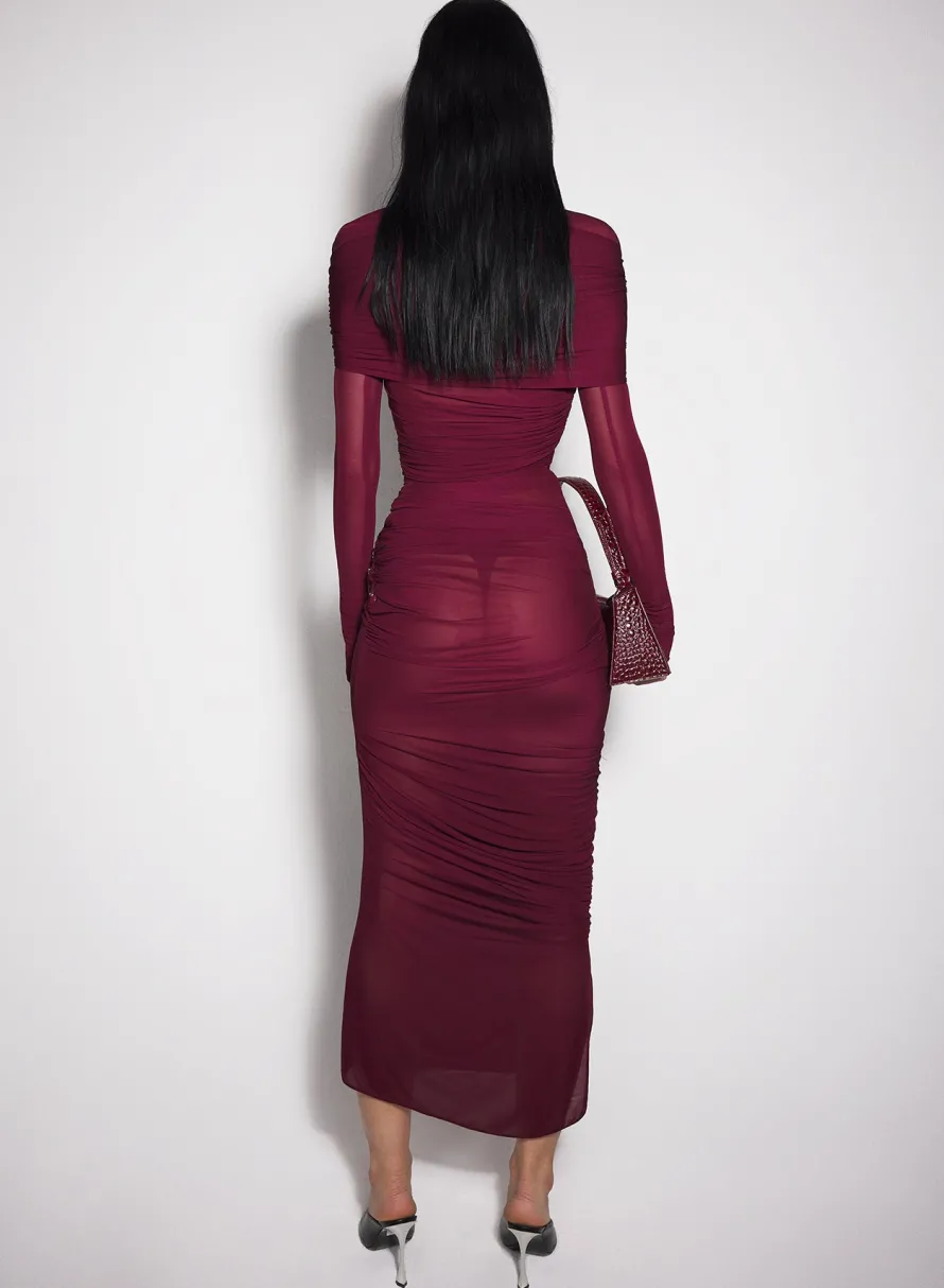 Dresses & Catsuits|MUGLER burgundy sheer ruched dress