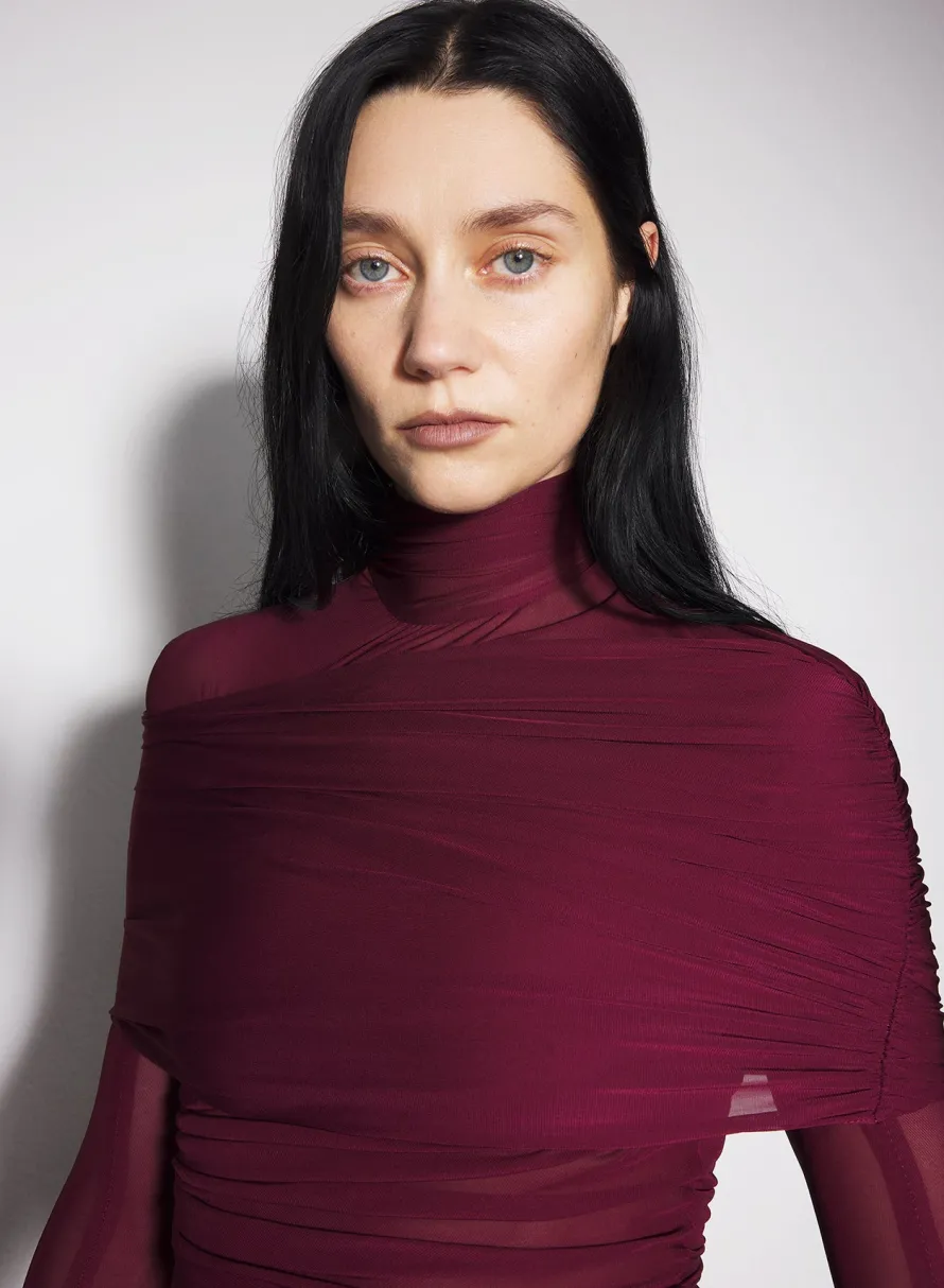 Dresses & Catsuits|MUGLER burgundy sheer ruched dress