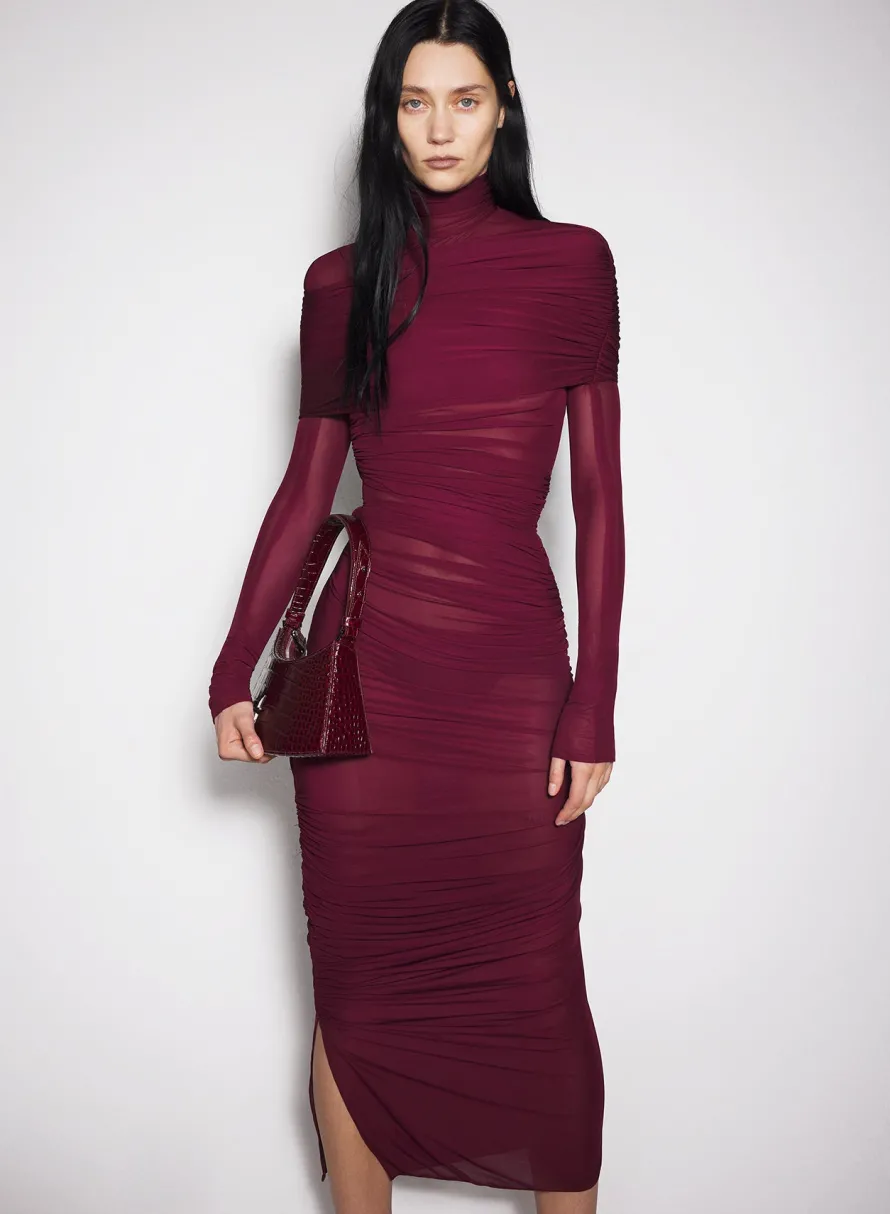 Dresses & Catsuits|MUGLER burgundy sheer ruched dress