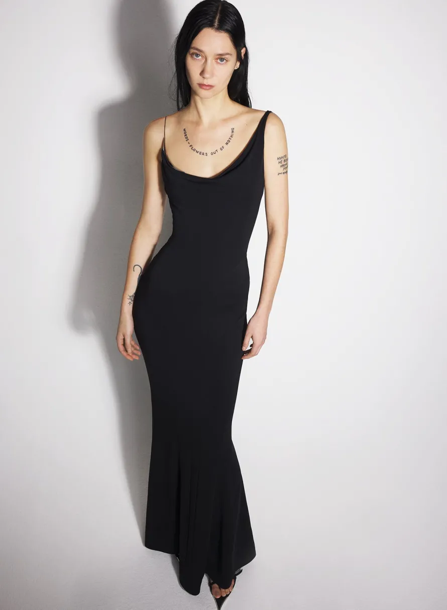 Dresses & Catsuits|MUGLER black crepe gown with metallic detail