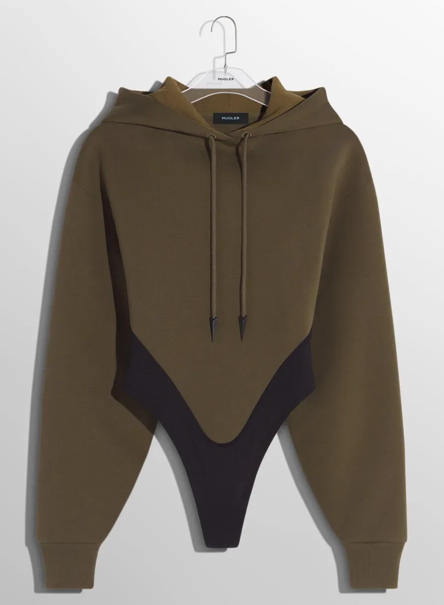 Bodysuits & Leggings|MUGLER Military green fleece hoodie bodysuit