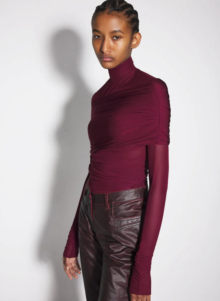 Tops|MUGLER burgundy ruched top