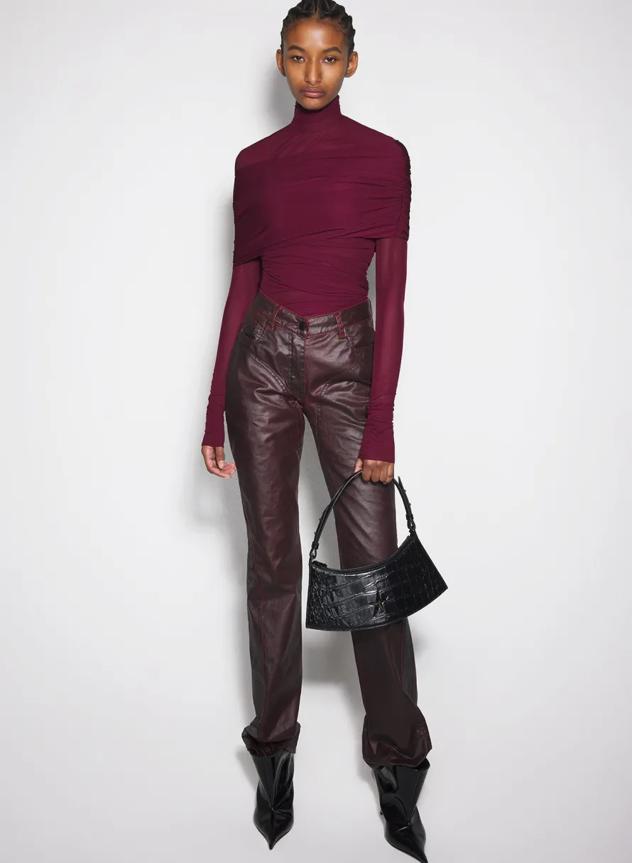 Tops|MUGLER burgundy ruched top