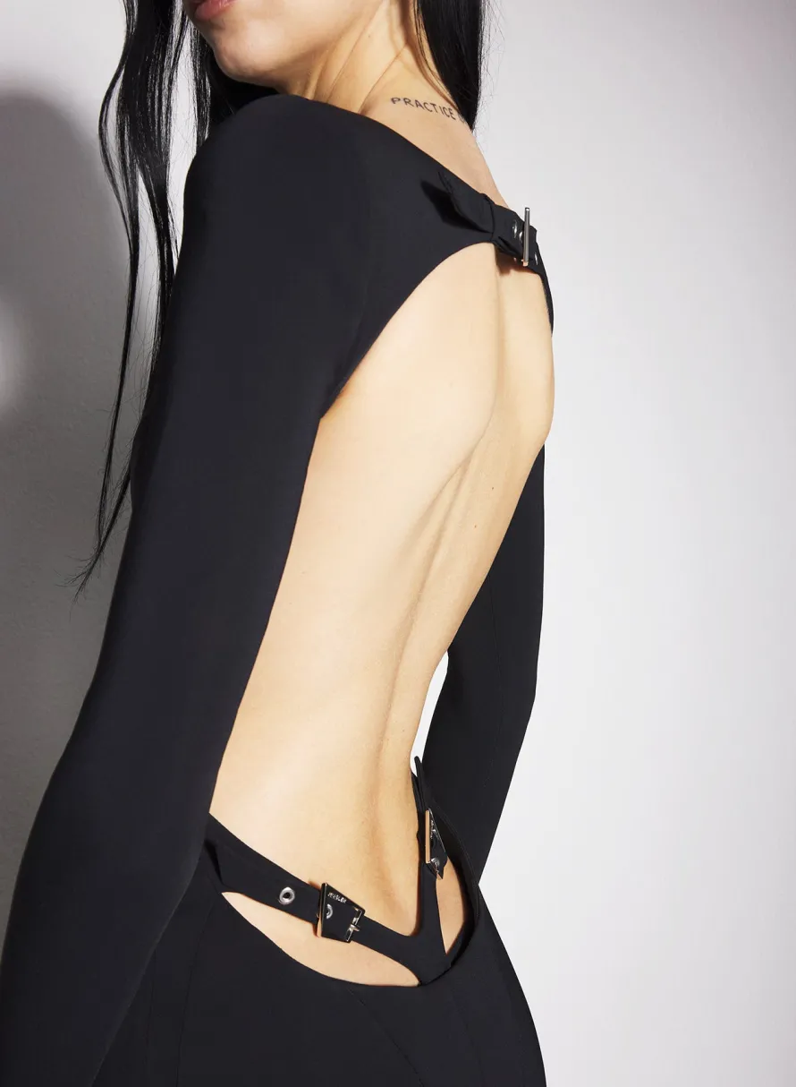 Dresses & Catsuits|MUGLER black backless buckled crepe gown