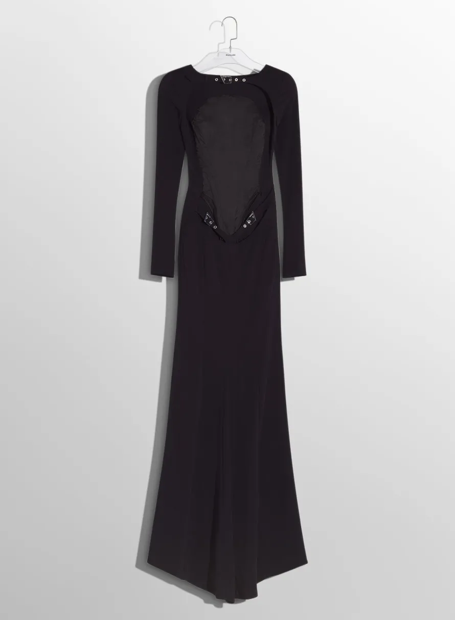 Dresses & Catsuits|MUGLER black backless buckled crepe gown