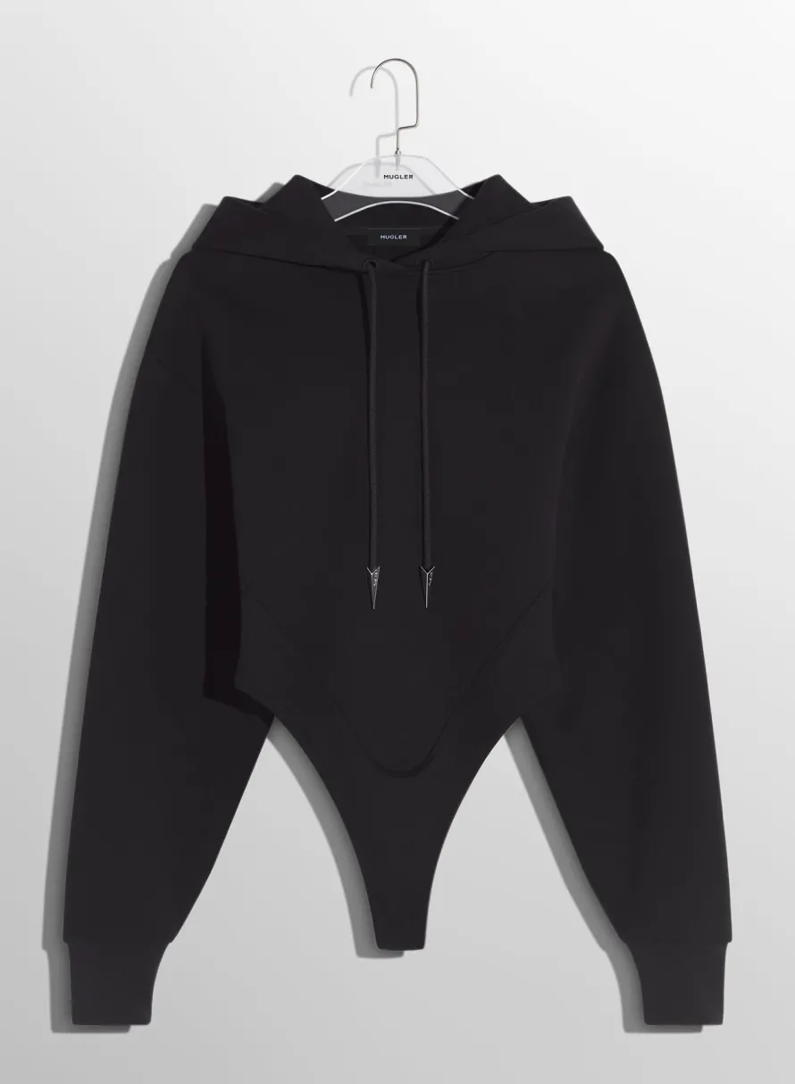 Bodysuits & Leggings|MUGLER black fleece hoodie bodysuit