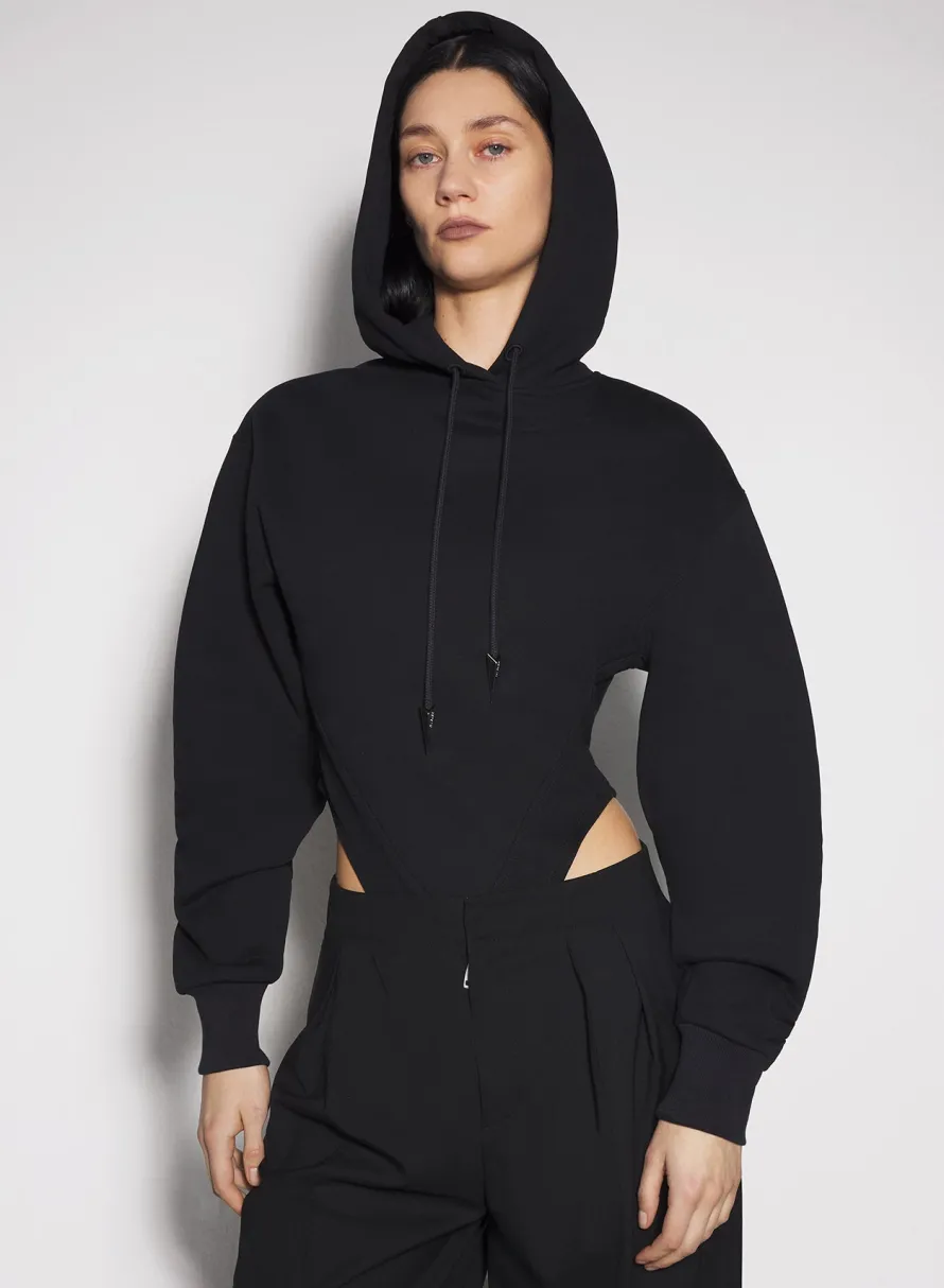 Bodysuits & Leggings|MUGLER black fleece hoodie bodysuit