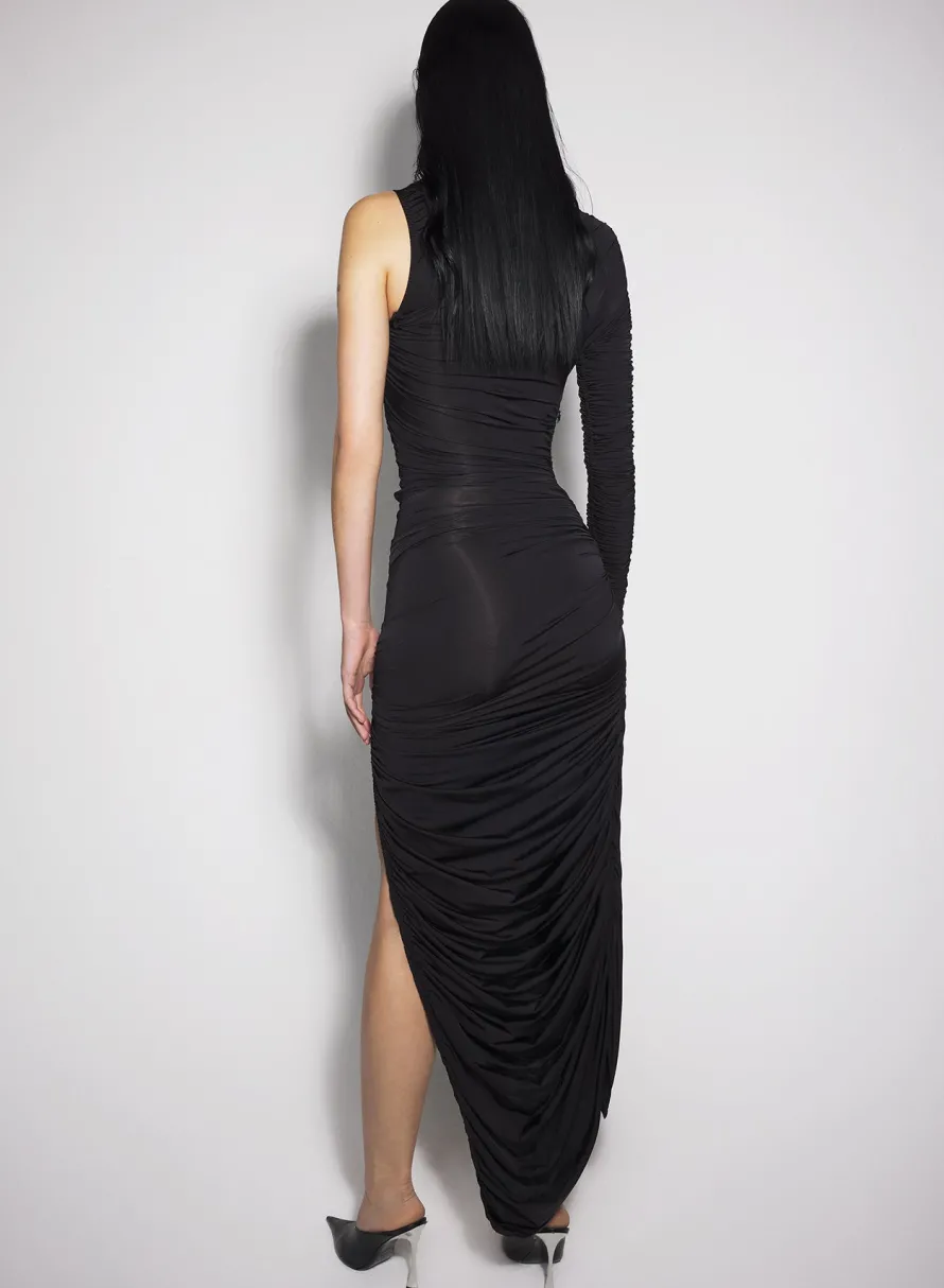 Dresses & Catsuits|MUGLER black asymmetrical pierced ruched dress