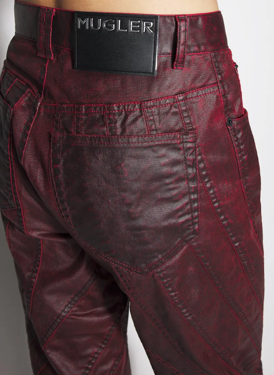 Denim|Denim|MUGLER burgundy waxed spiral baggy jeans