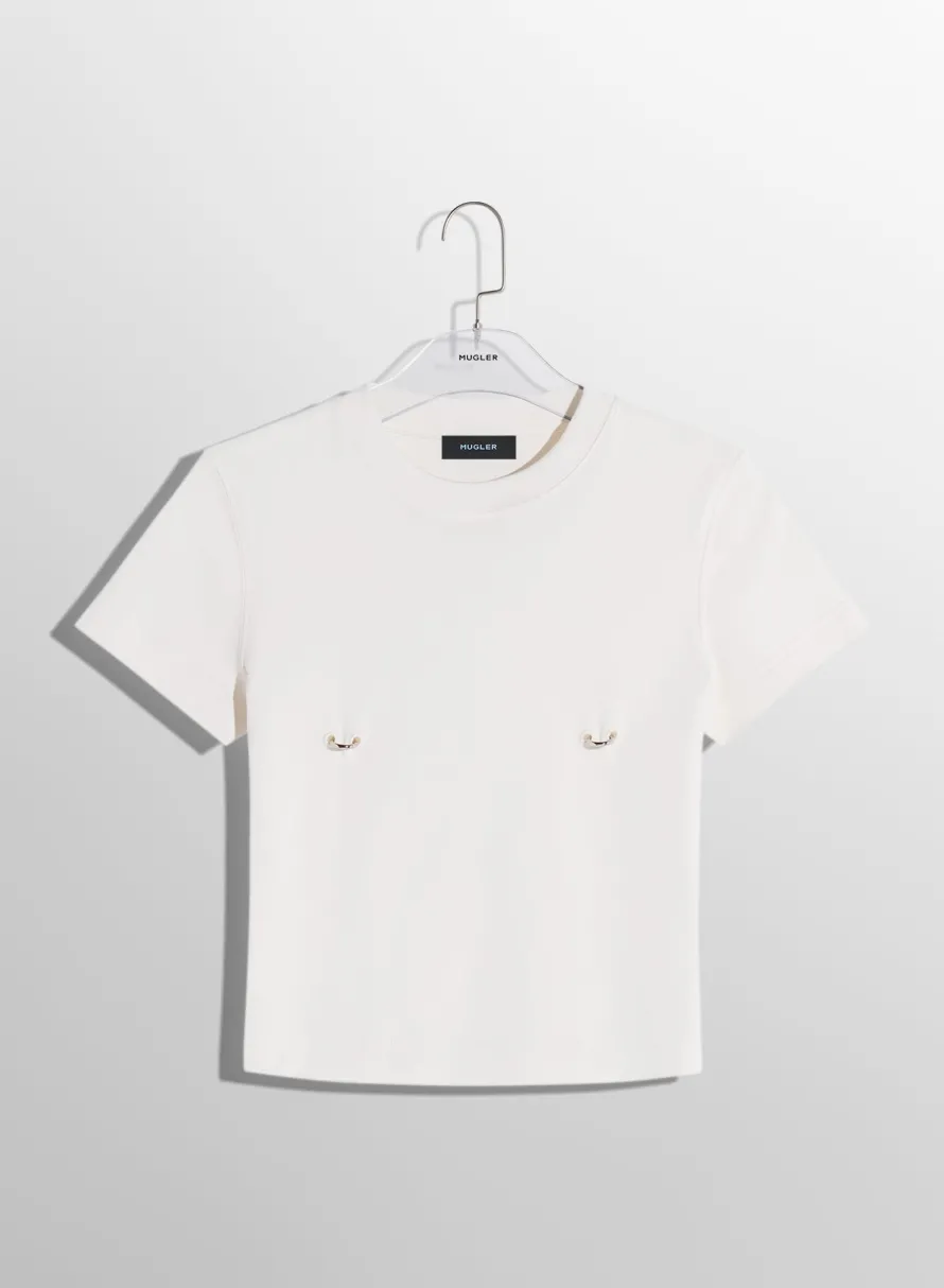 Tops|MUGLER off-white pierced baby t-shirt