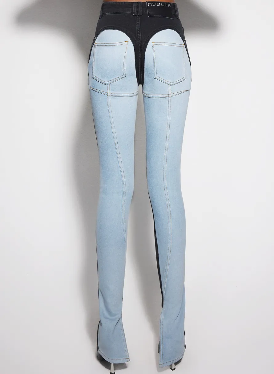 Denim|Trousers|MUGLER blue bi-color skinny jeans