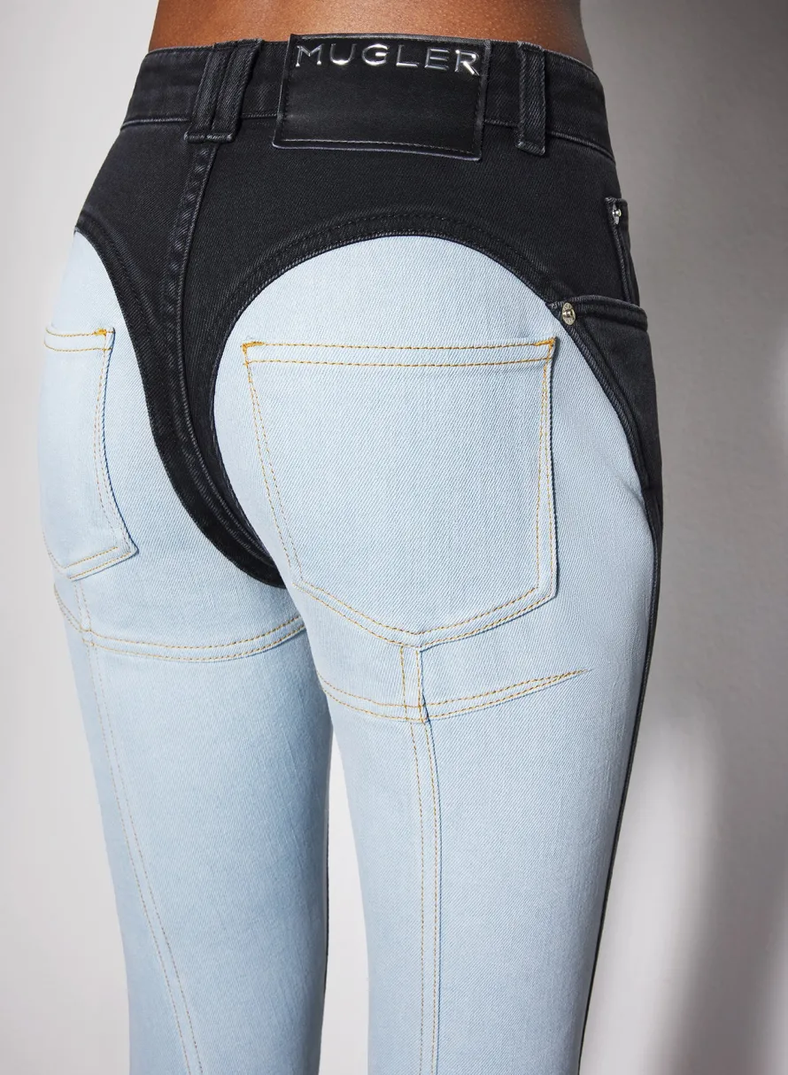 Denim|Trousers|MUGLER blue bi-color skinny jeans