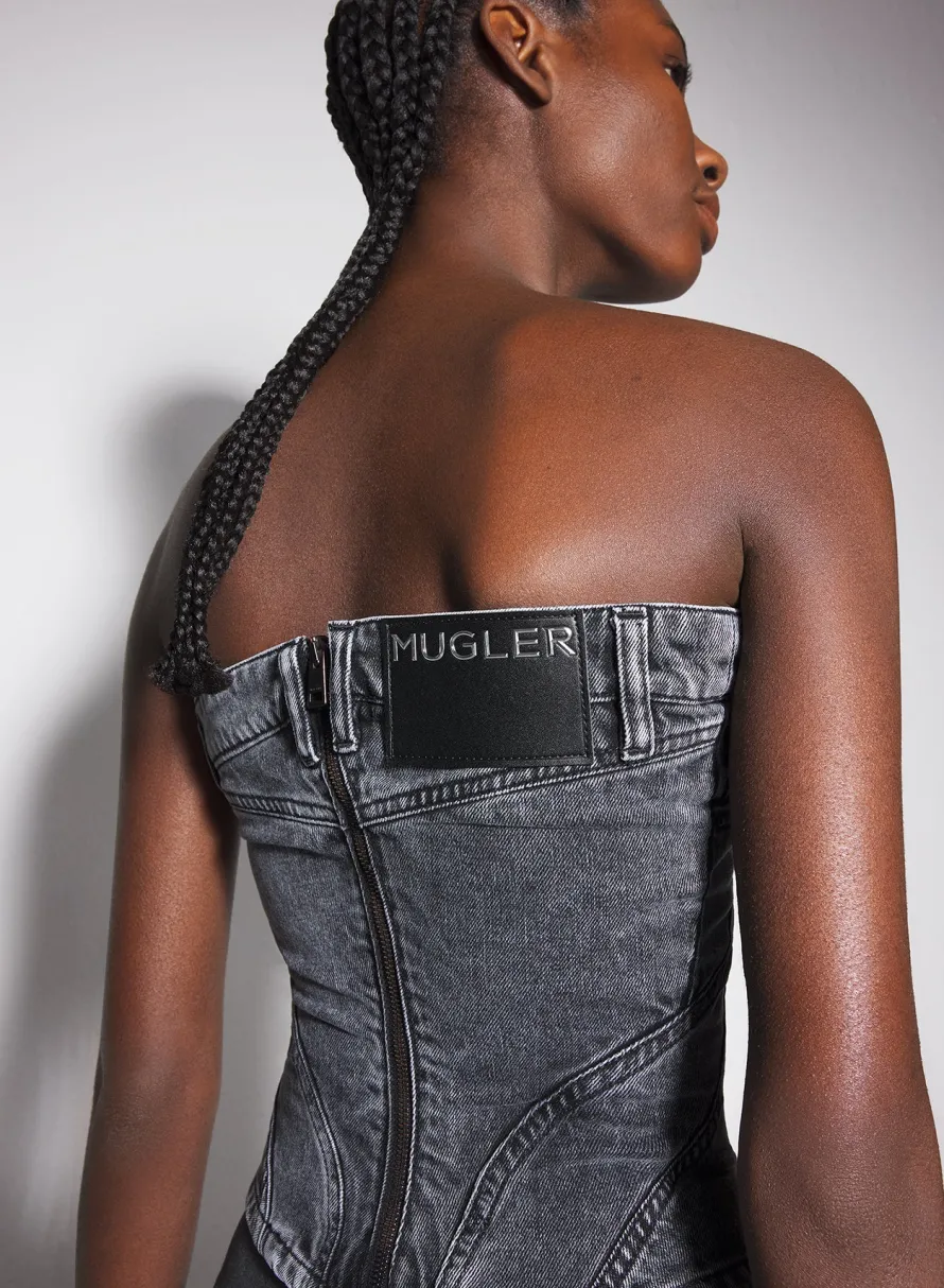 Denim|Tops|MUGLER washed black spiral denim bustier
