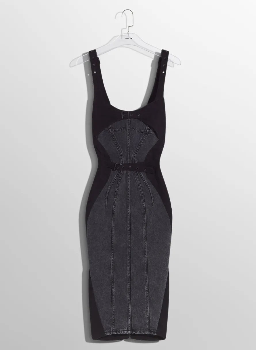 Denim|Dresses & Catsuits|MUGLER washed black buckled denim dress