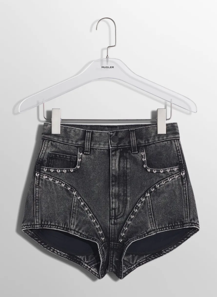 Denim|Skirts & Shorts|MUGLER washed black denim studded shorts