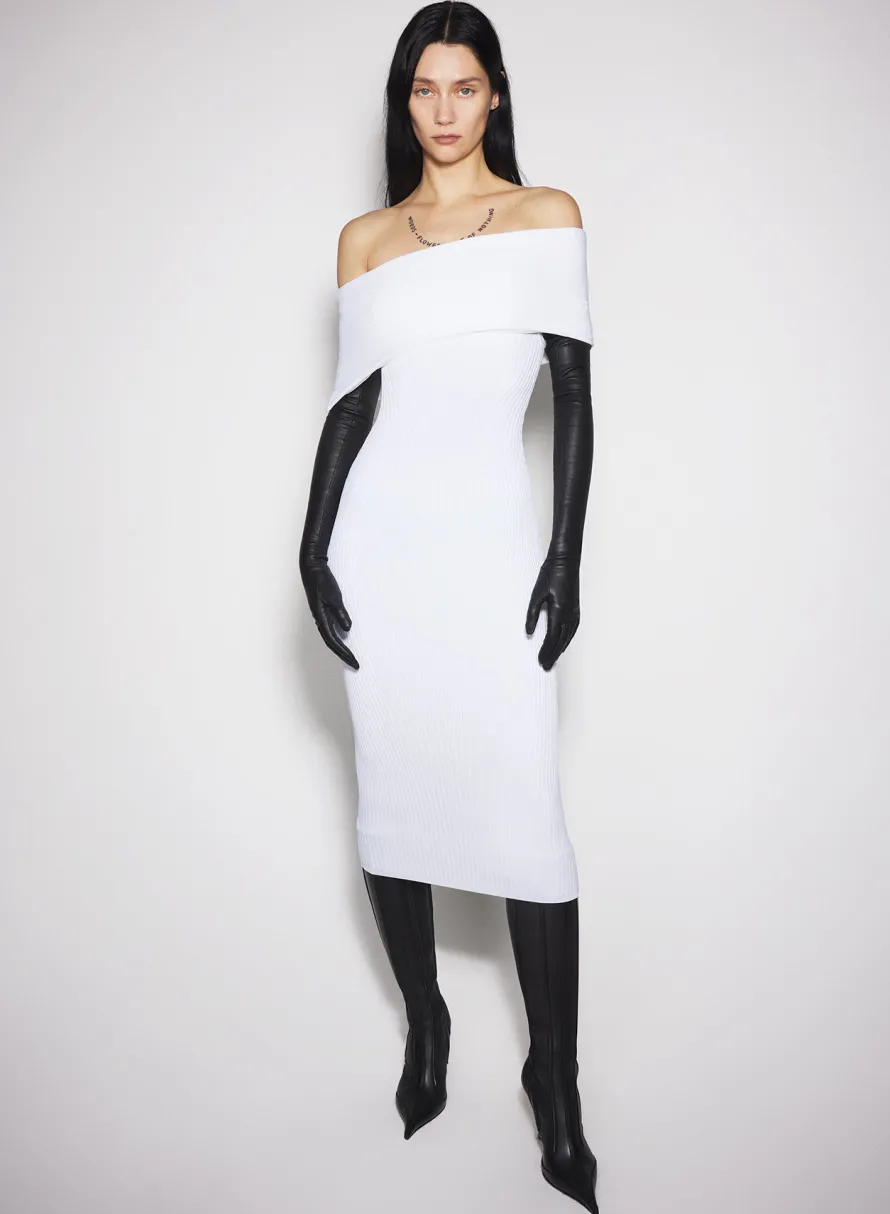 Knitwear|Dresses & Catsuits|MUGLER white off-shoulder sculpting knit dress
