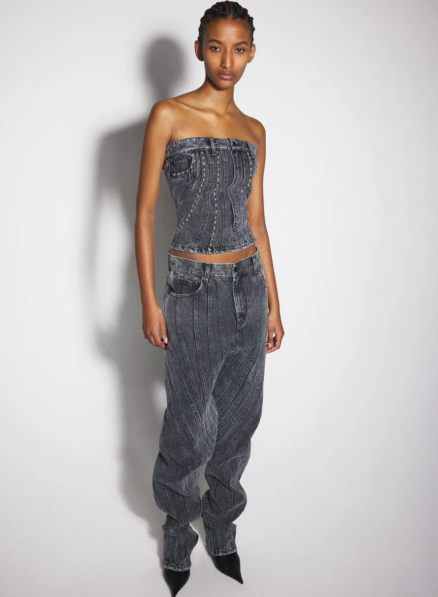 Denim|Tops|MUGLER washed black spiral denim studded bustier
