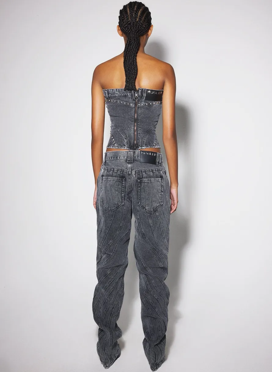 Denim|Tops|MUGLER washed black spiral denim studded bustier