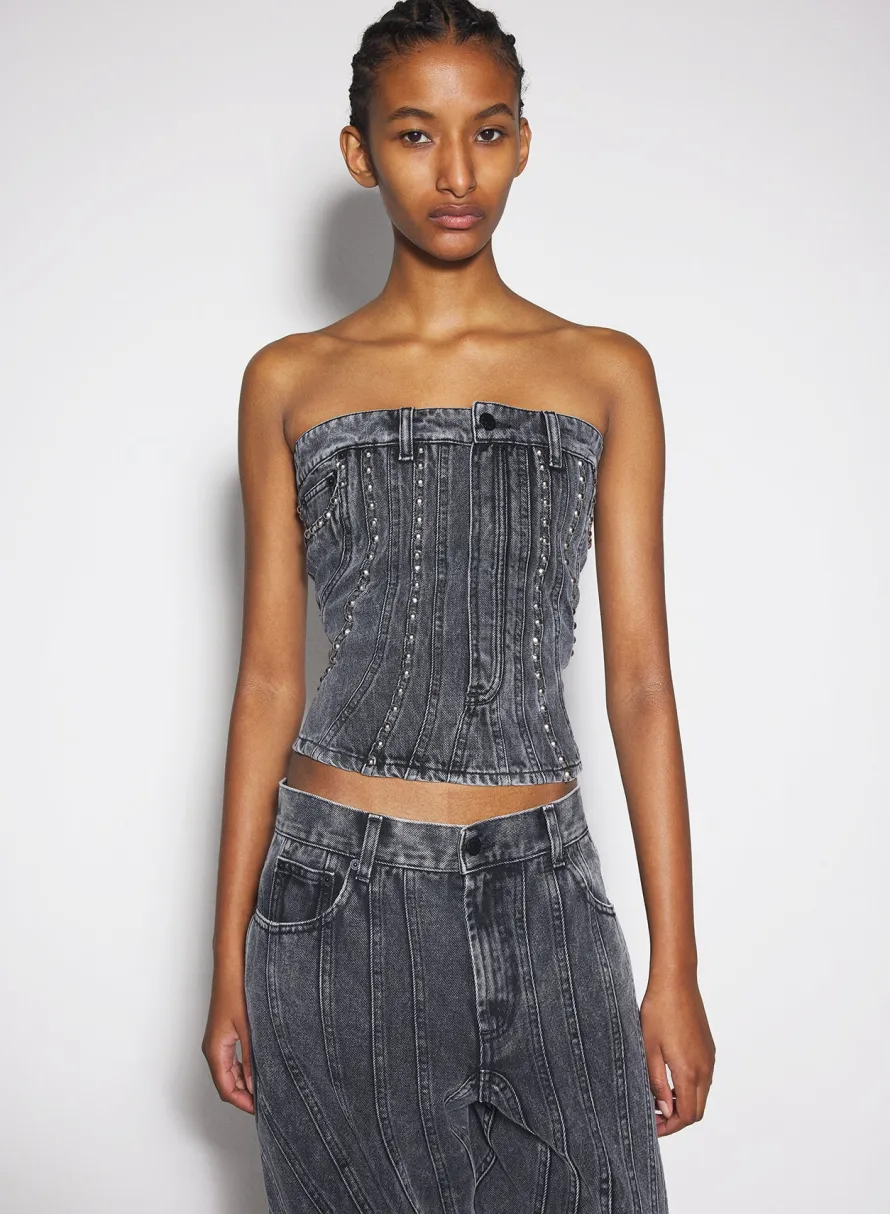 Denim|Tops|MUGLER washed black spiral denim studded bustier