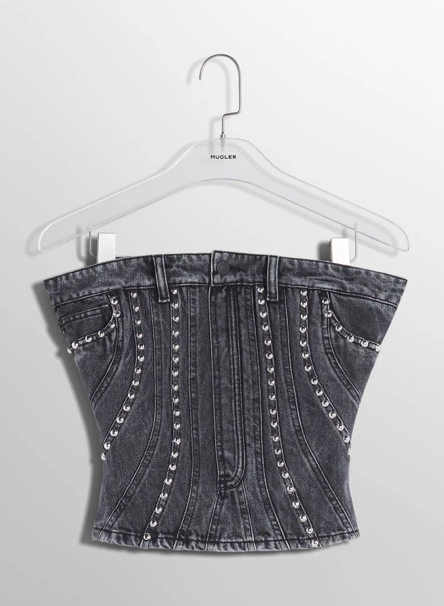 Denim|Tops|MUGLER washed black spiral denim studded bustier