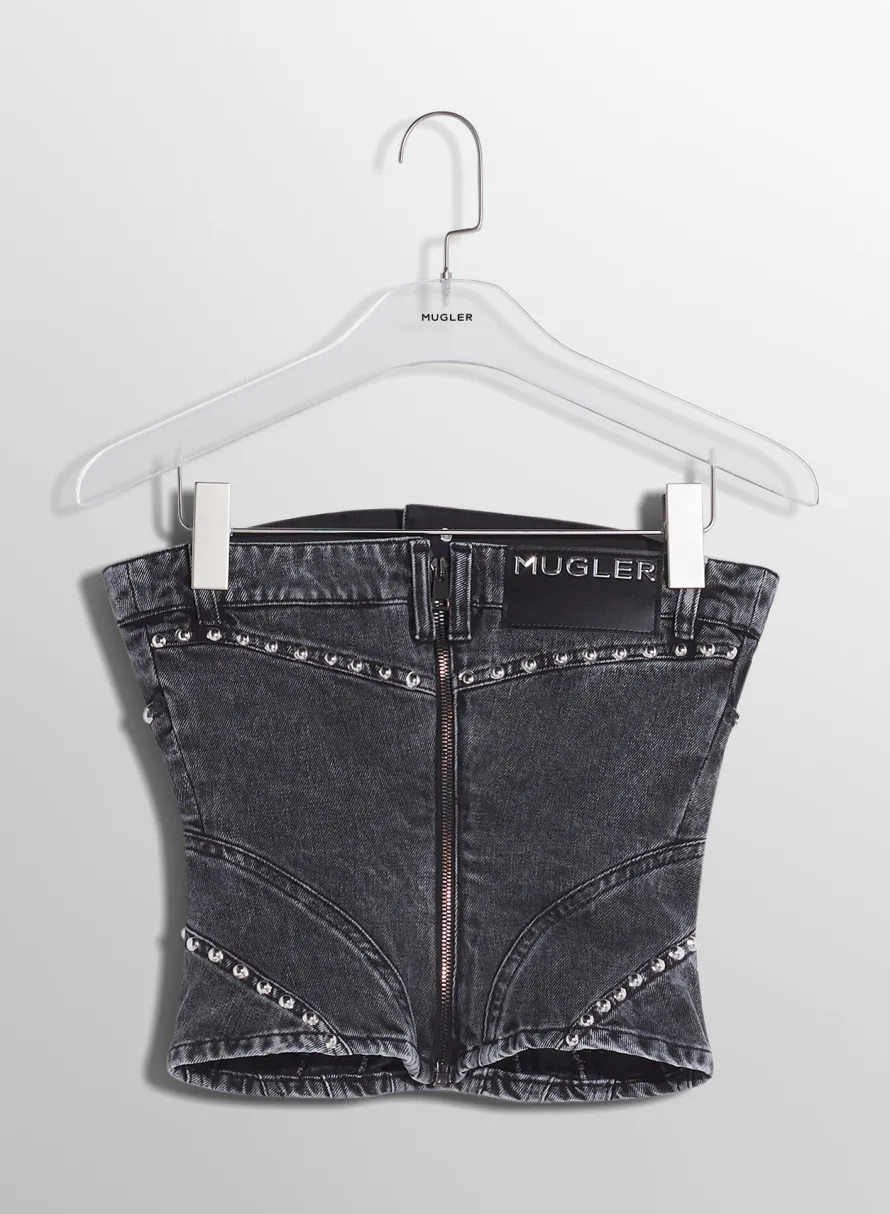 Denim|Tops|MUGLER washed black spiral denim studded bustier