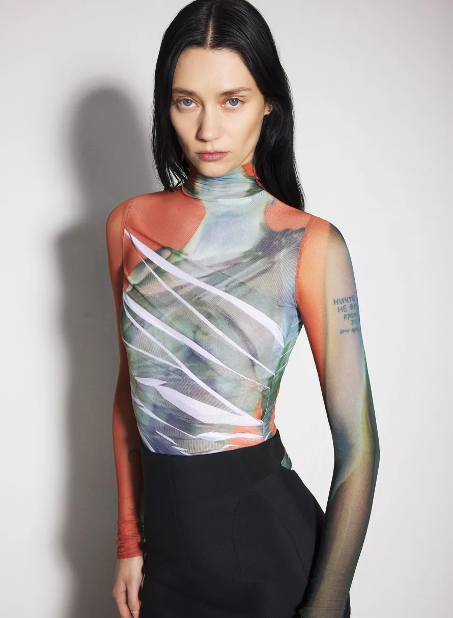 Tops|Bodysuits & Leggings|MUGLER Archive overprinted mesh bodysuit