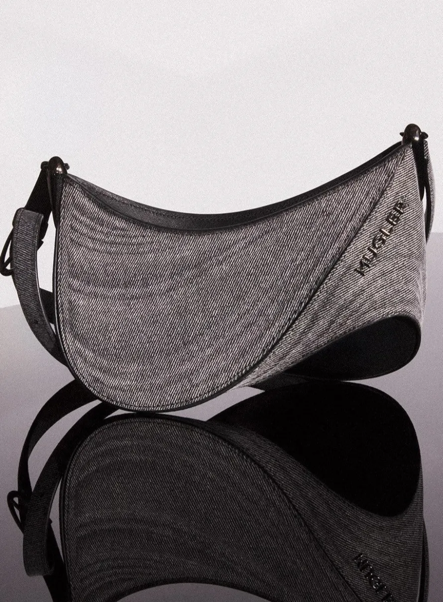 Bags|MUGLER washed black medium denim spiral curve 01