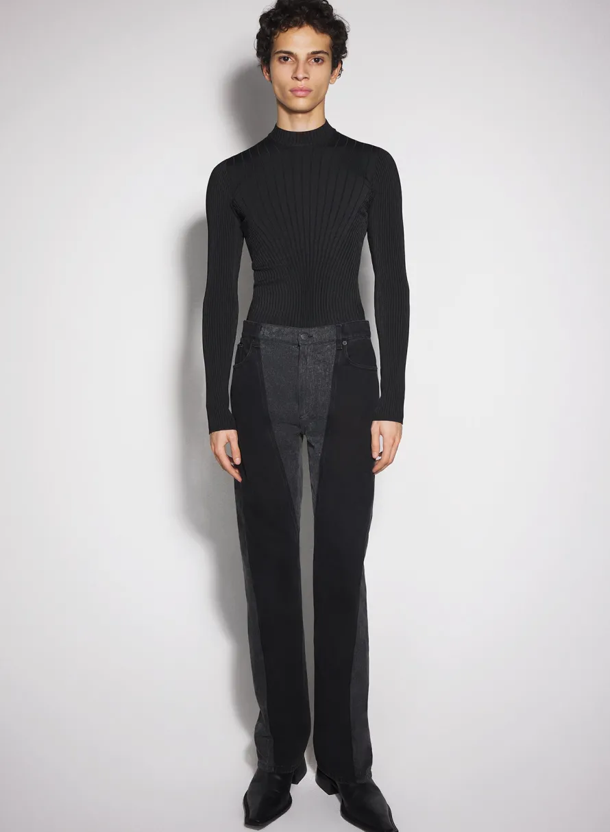 Denim|Denim|MUGLER washed black bi-material straight leg jeans