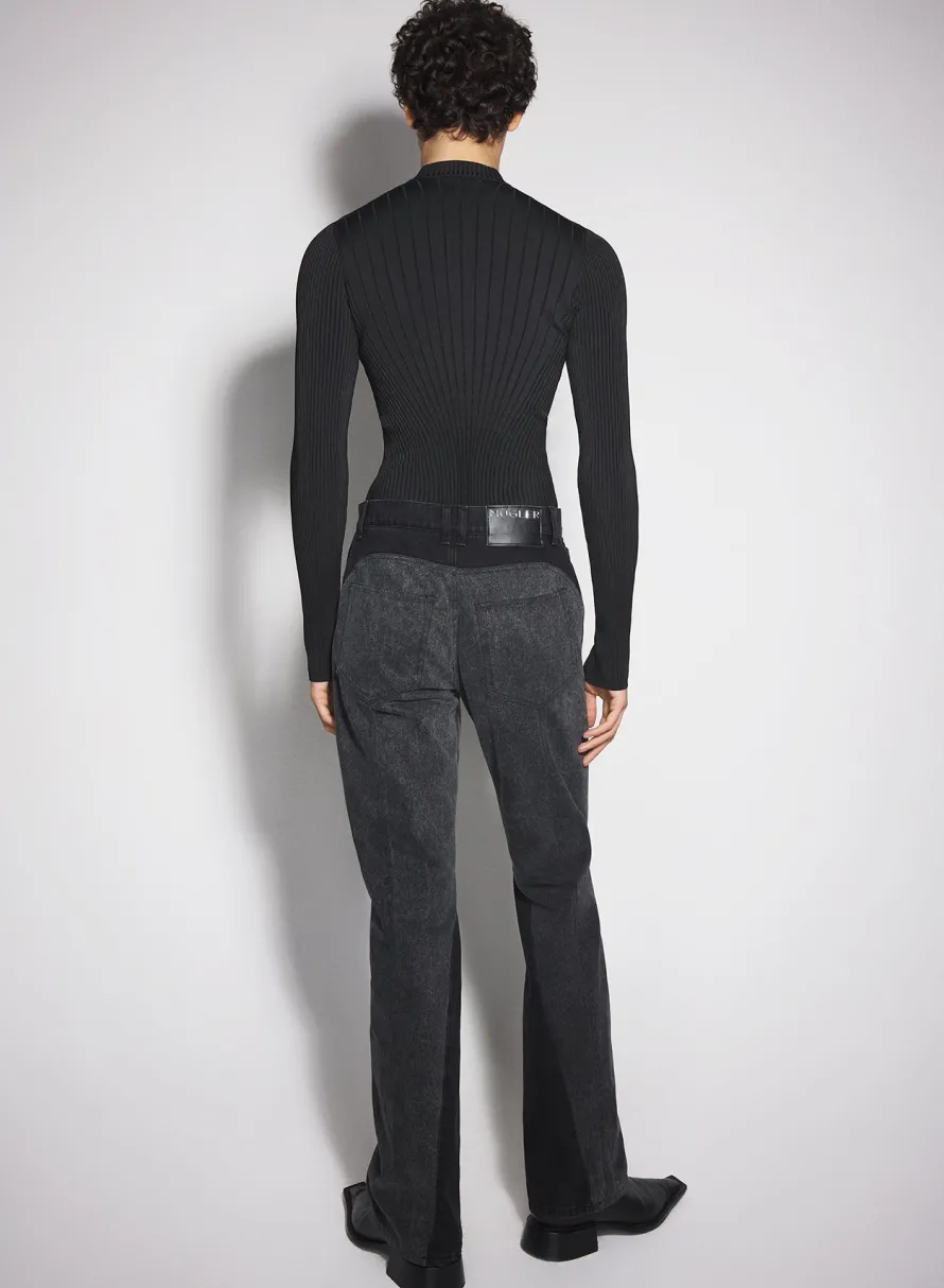 Denim|Denim|MUGLER washed black bi-material straight leg jeans