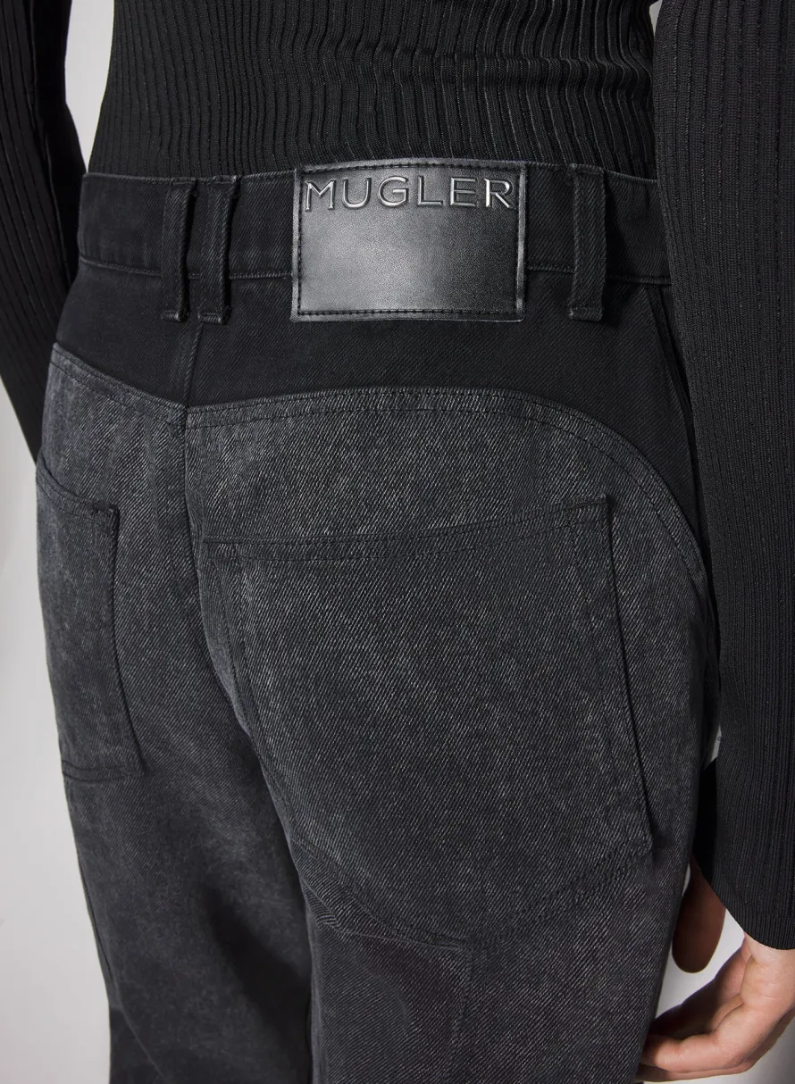 Denim|Denim|MUGLER washed black bi-material straight leg jeans