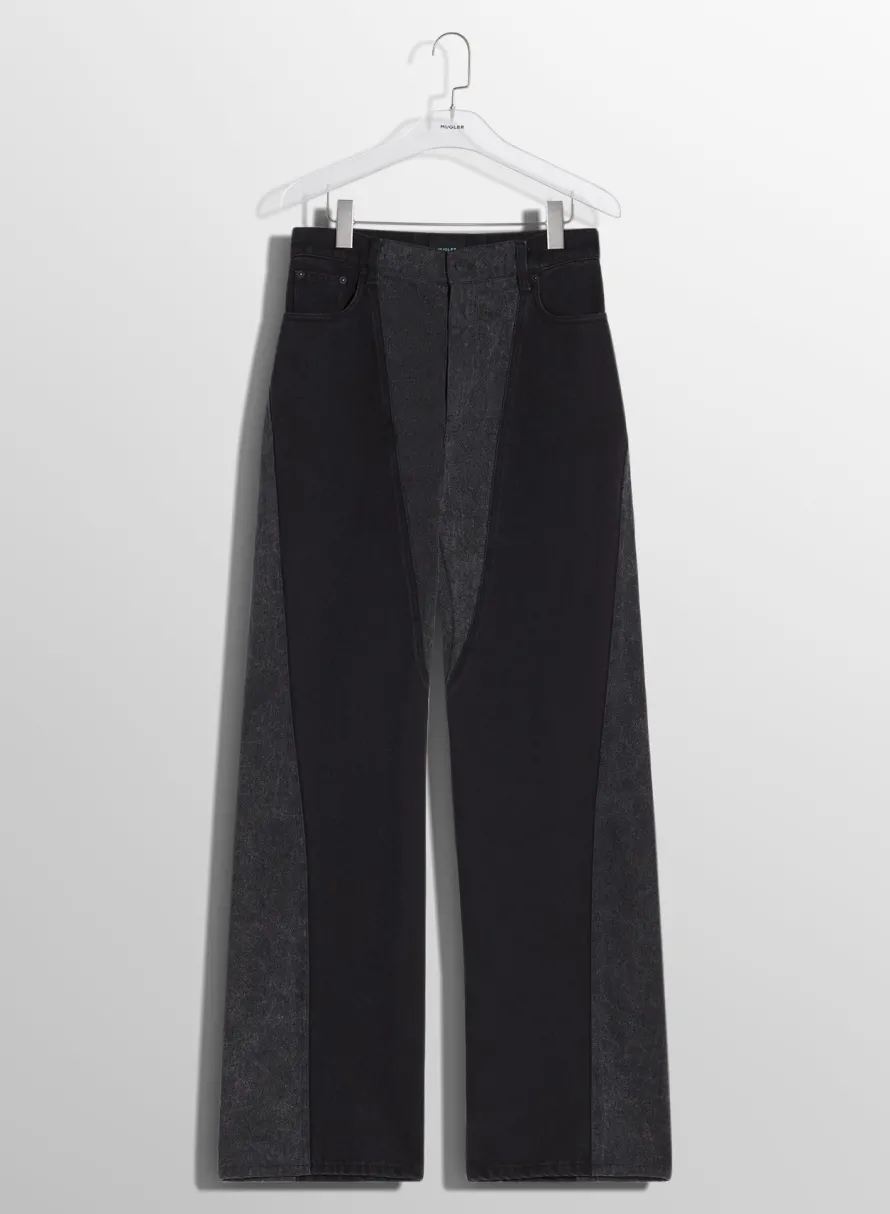 Denim|Denim|MUGLER washed black bi-material straight leg jeans