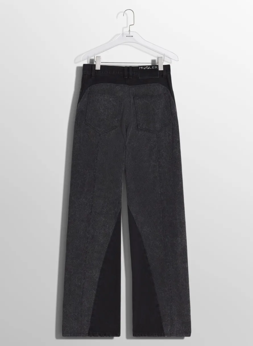 Denim|Denim|MUGLER washed black bi-material straight leg jeans
