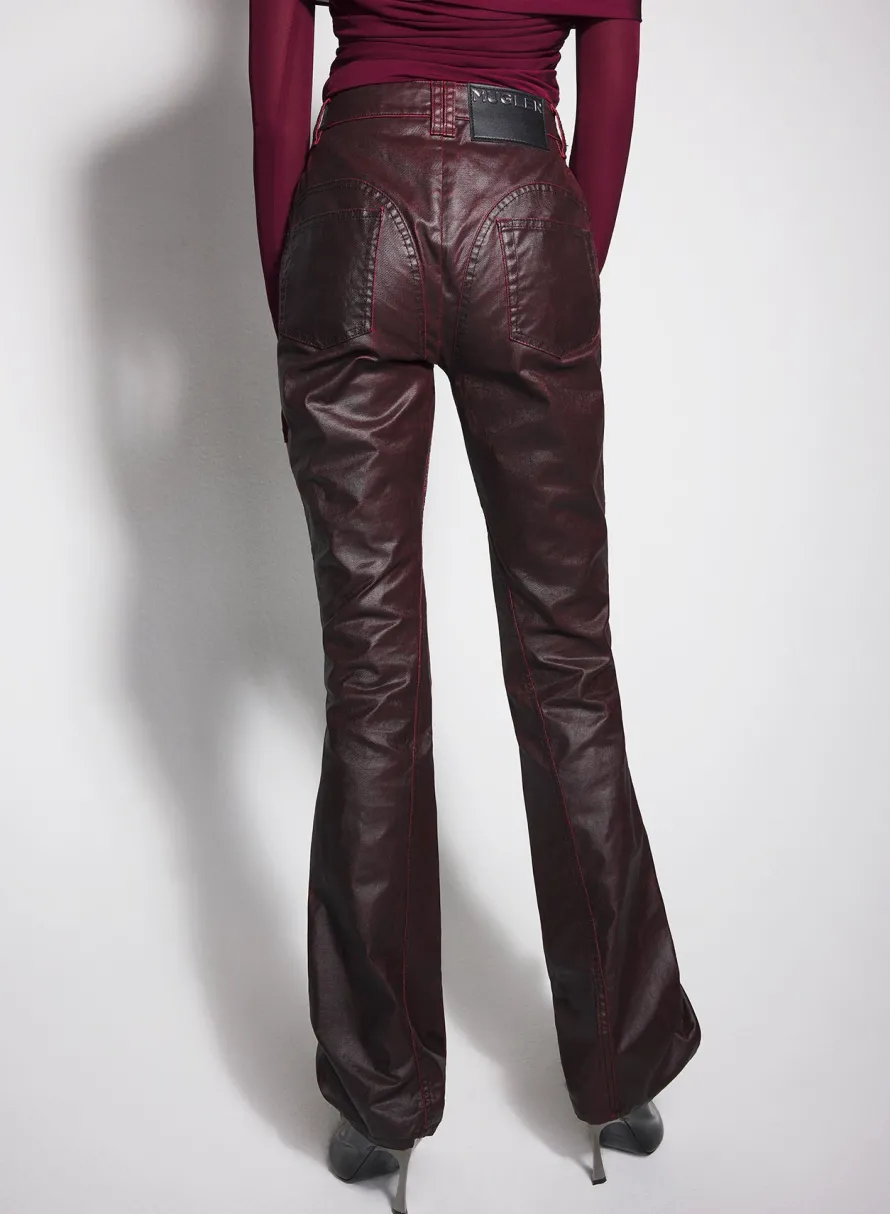 Denim|Trousers|MUGLER burgundy waxed denim pants