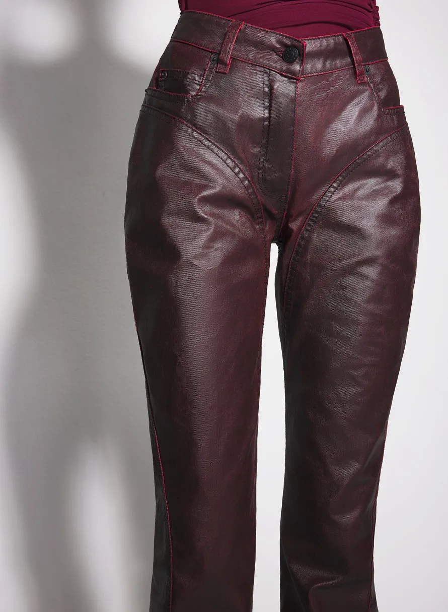 Denim|Trousers|MUGLER burgundy waxed denim pants
