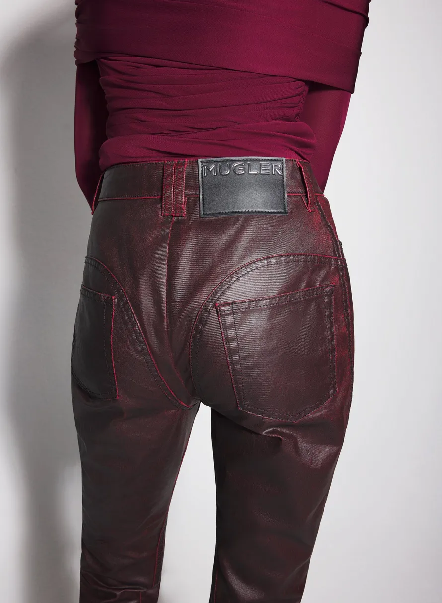 Denim|Trousers|MUGLER burgundy waxed denim pants