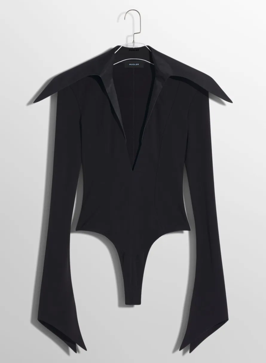 Bodysuits & Leggings|MUGLER black spiky satin collar bodysuit