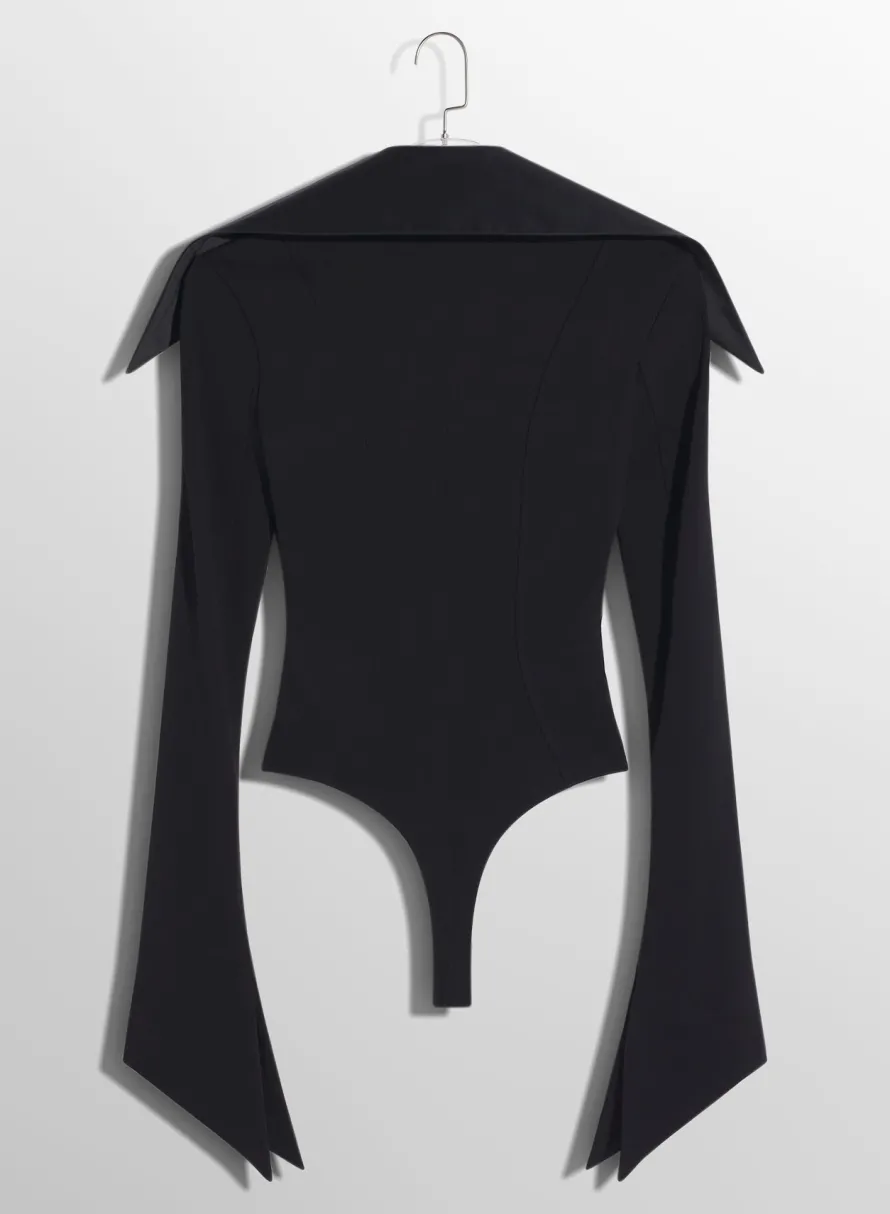 Bodysuits & Leggings|MUGLER black spiky satin collar bodysuit