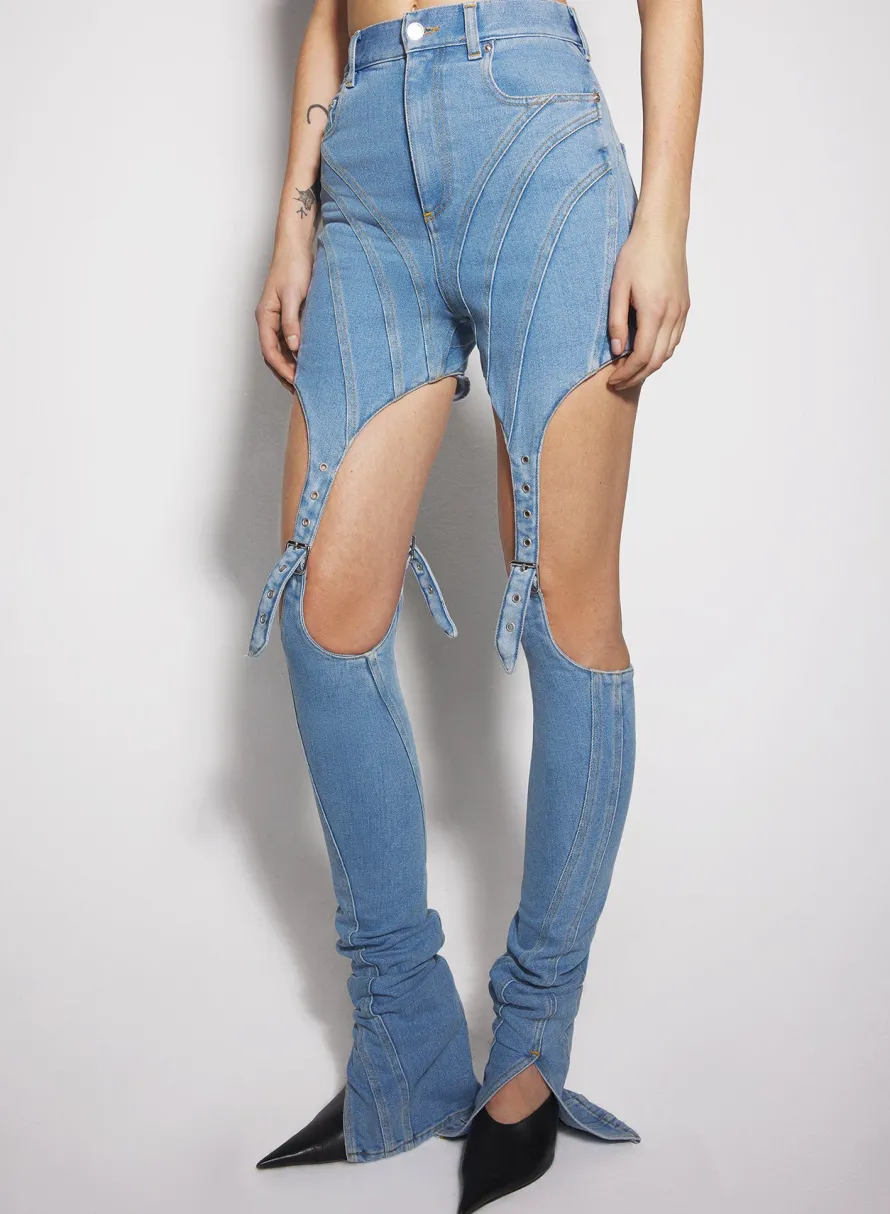 Denim|Trousers|MUGLER blue buckled chaps skinny jeans