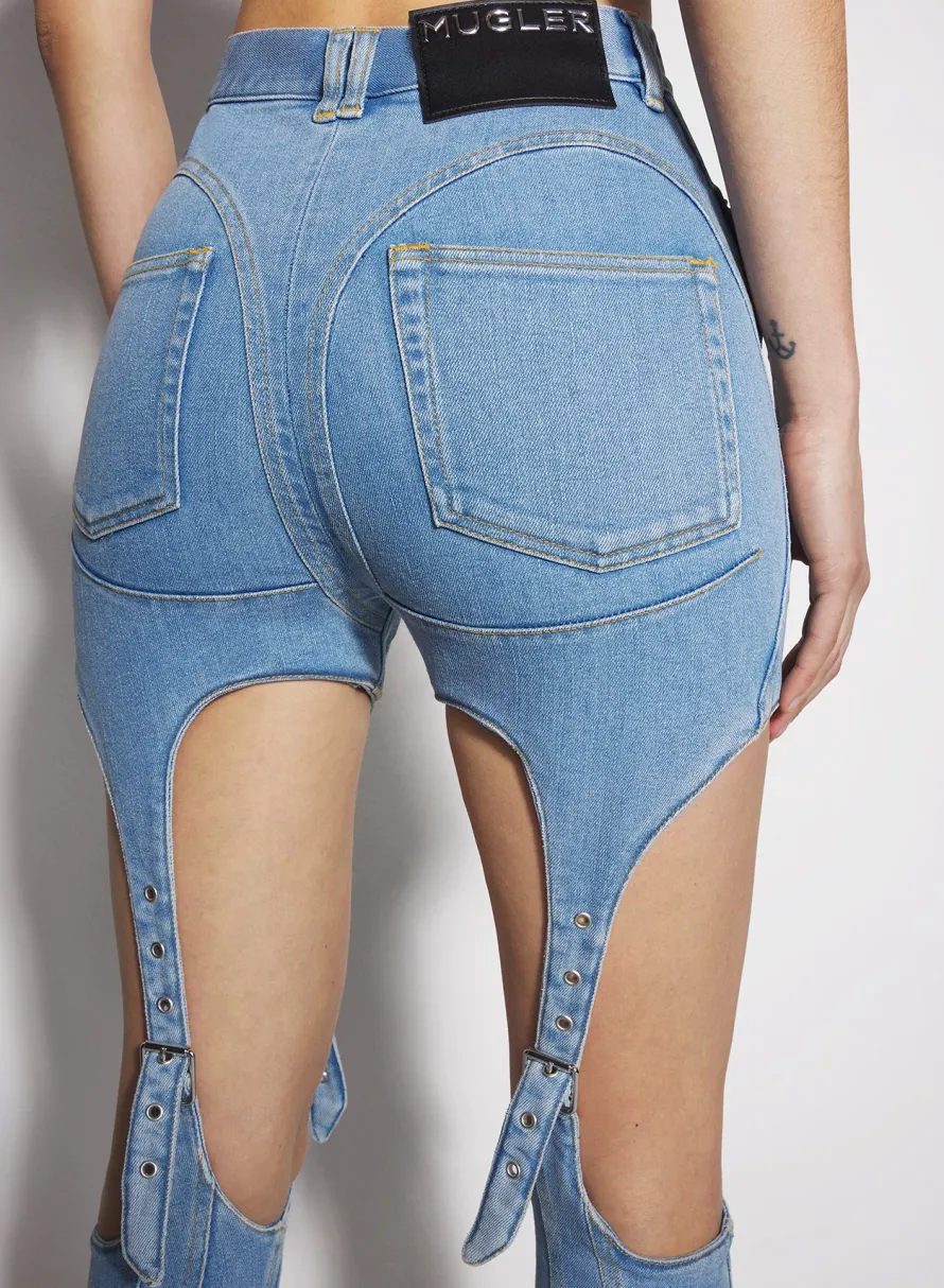 Denim|Trousers|MUGLER blue buckled chaps skinny jeans