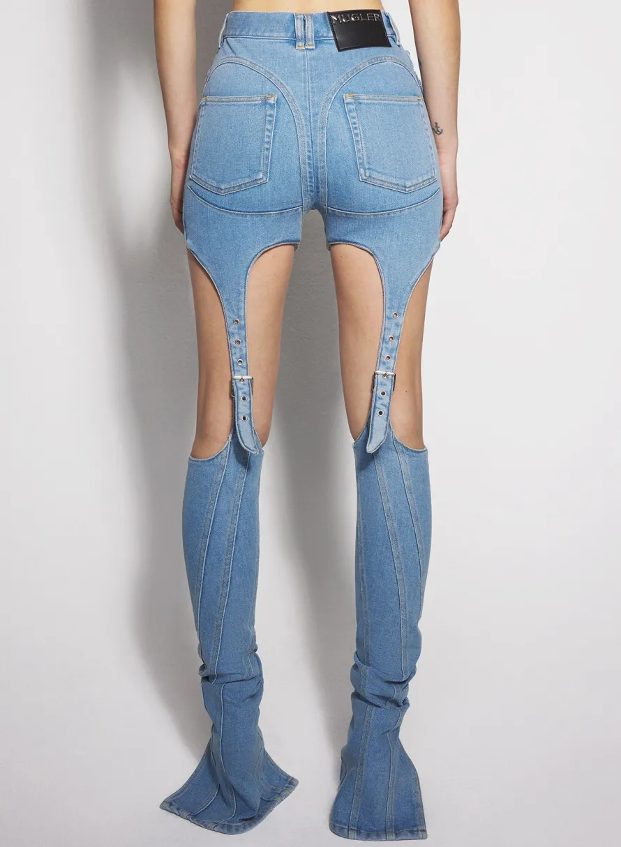 Denim|Trousers|MUGLER blue buckled chaps skinny jeans