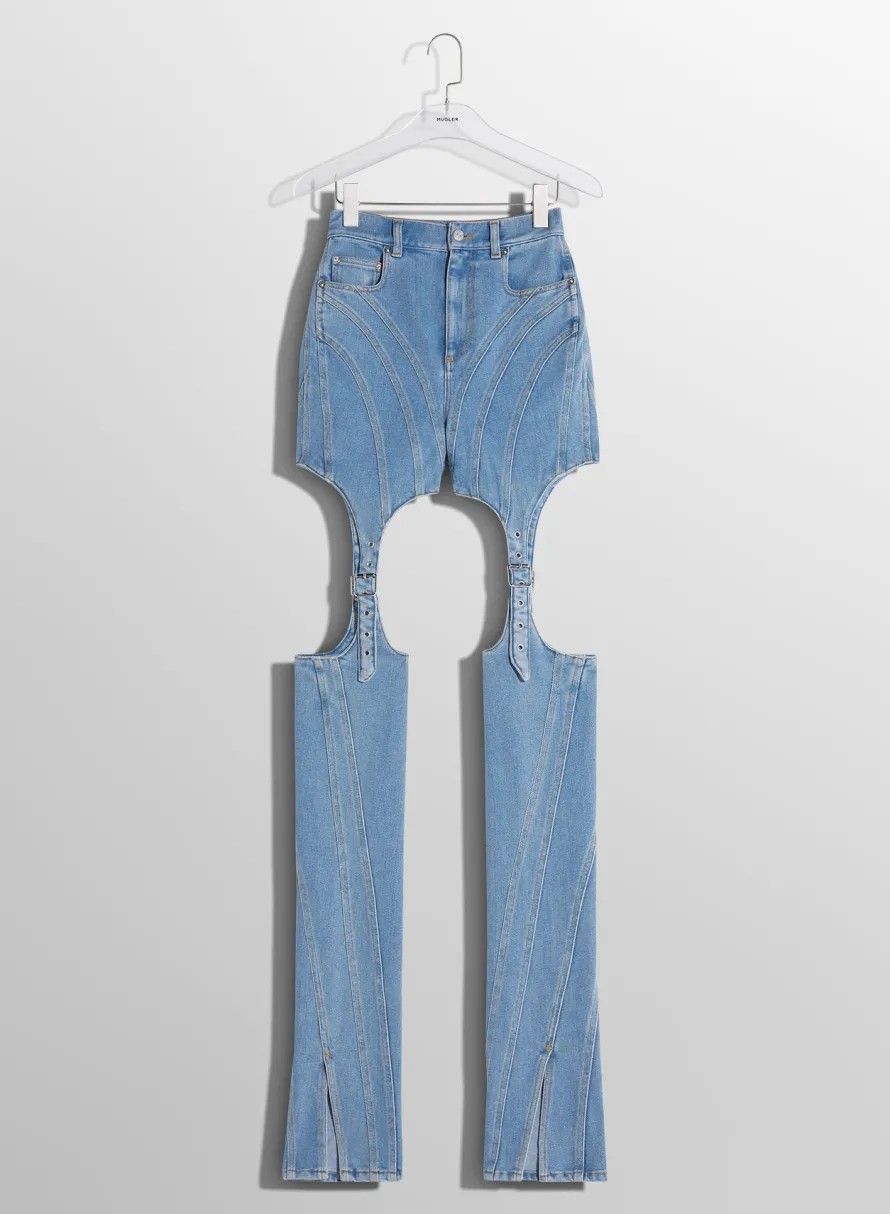 Denim|Trousers|MUGLER blue buckled chaps skinny jeans