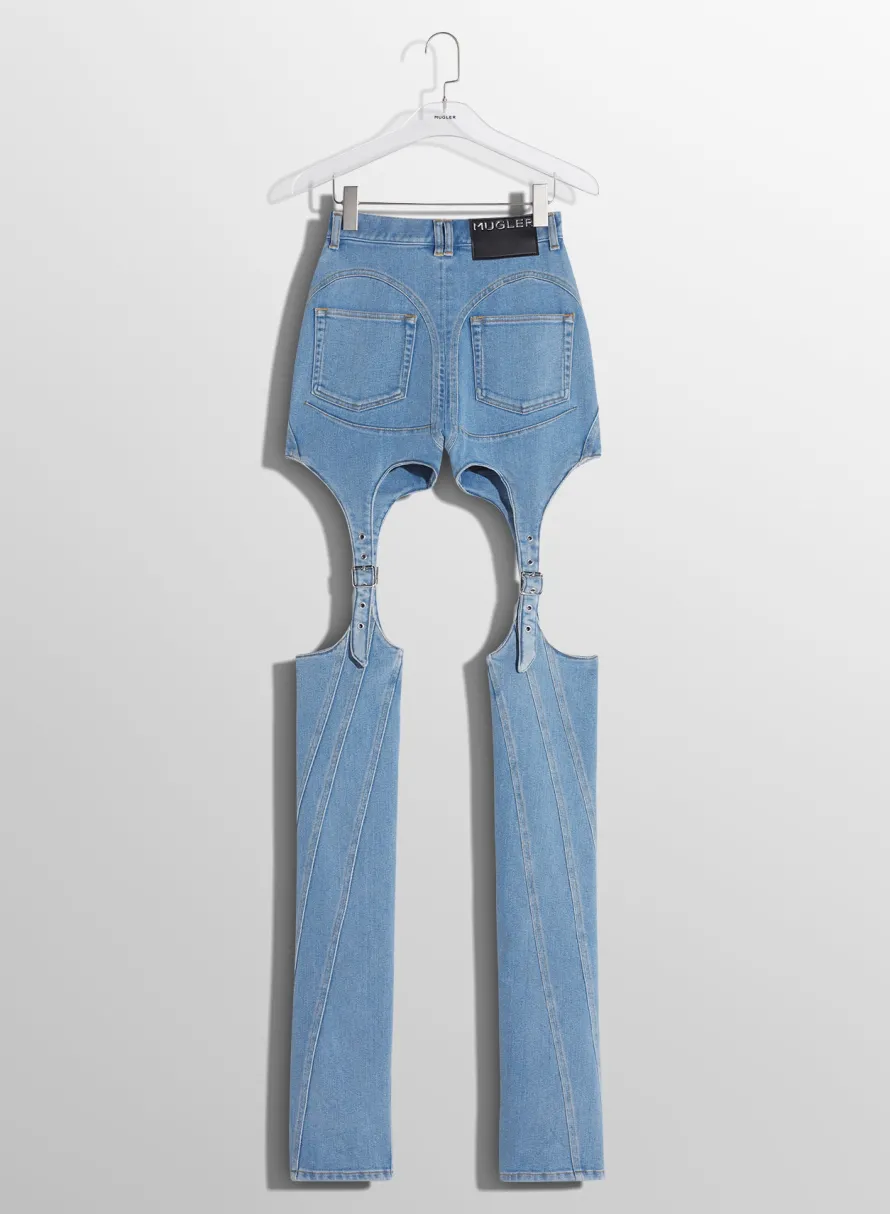 Denim|Trousers|MUGLER blue buckled chaps skinny jeans