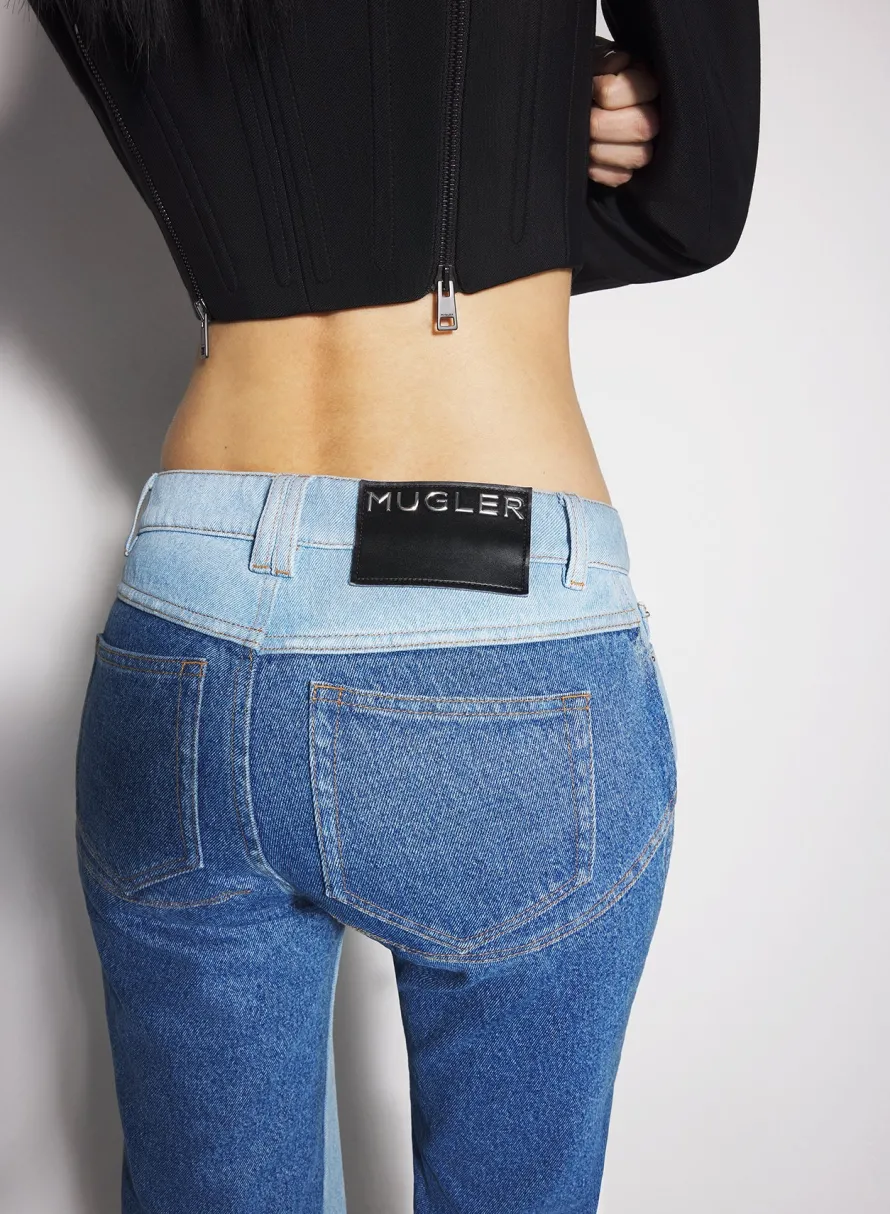 Denim|Trousers|MUGLER bi-tone blue straight leg jeans