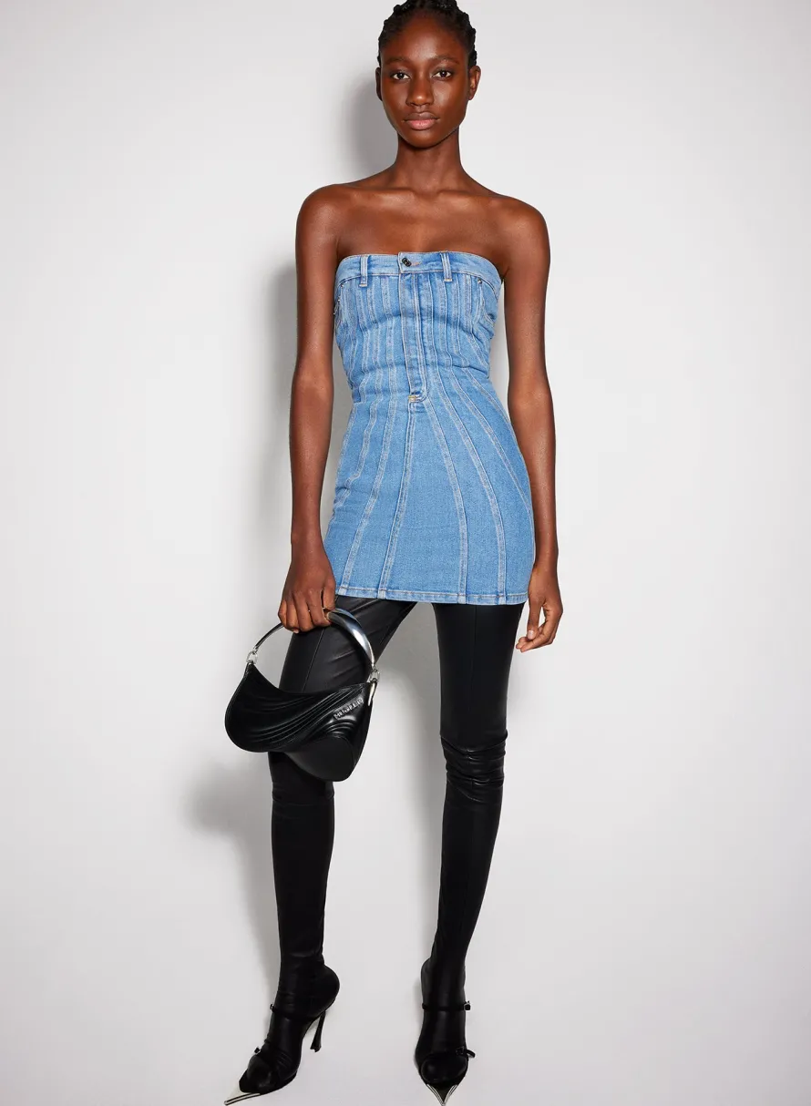 Denim|Dresses & Catsuits|MUGLER blue spiral denim bustier dress